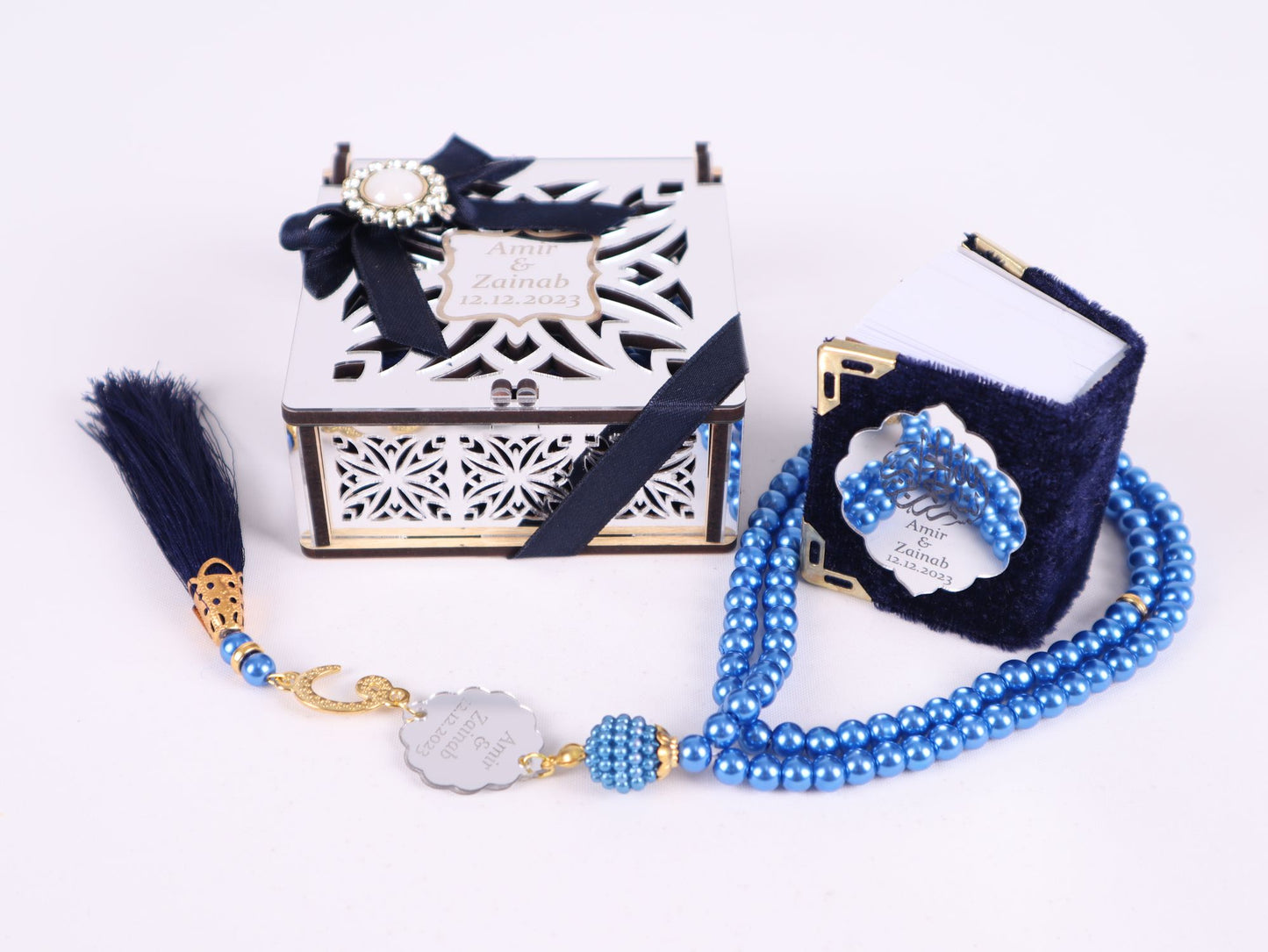 Personalized Mini Quran Prayer Bead Wooden Box with Silver Acrylic Set - Islamic Elite Favors is a handmade gift shop offering a wide variety of unique and personalized gifts for all occasions. Whether you're looking for the perfect Ramadan, Eid, Hajj, wedding gift or something special for a birthday, baby shower or anniversary, we have something for everyone. High quality, made with love.