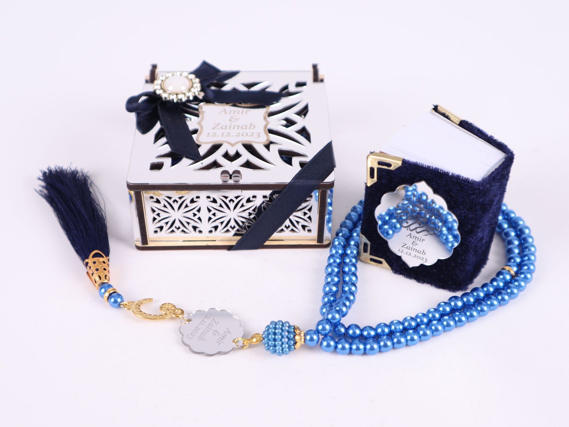 Personalized Mini Quran Prayer Bead Wooden Box with Silver Acrylic Set - Islamic Elite Favors is a handmade gift shop offering a wide variety of unique and personalized gifts for all occasions. Whether you're looking for the perfect Ramadan, Eid, Hajj, wedding gift or something special for a birthday, baby shower or anniversary, we have something for everyone. High quality, made with love.
