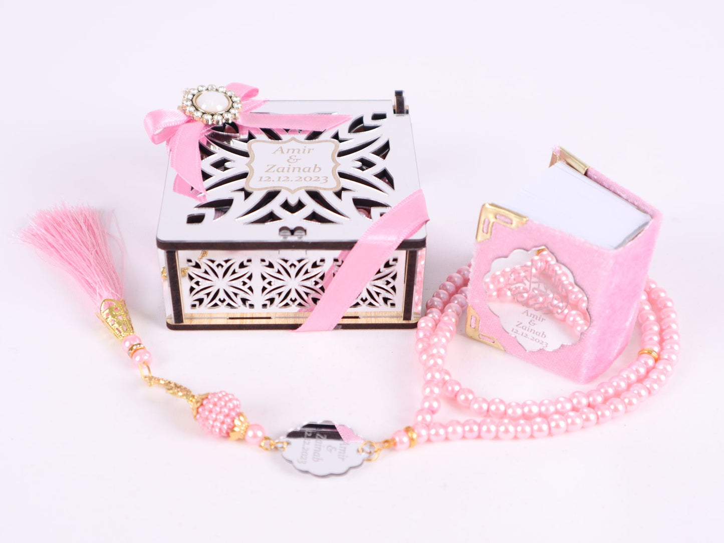 Personalized Mini Quran Prayer Bead Wooden Box with Silver Acrylic Set - Islamic Elite Favors is a handmade gift shop offering a wide variety of unique and personalized gifts for all occasions. Whether you're looking for the perfect Ramadan, Eid, Hajj, wedding gift or something special for a birthday, baby shower or anniversary, we have something for everyone. High quality, made with love.