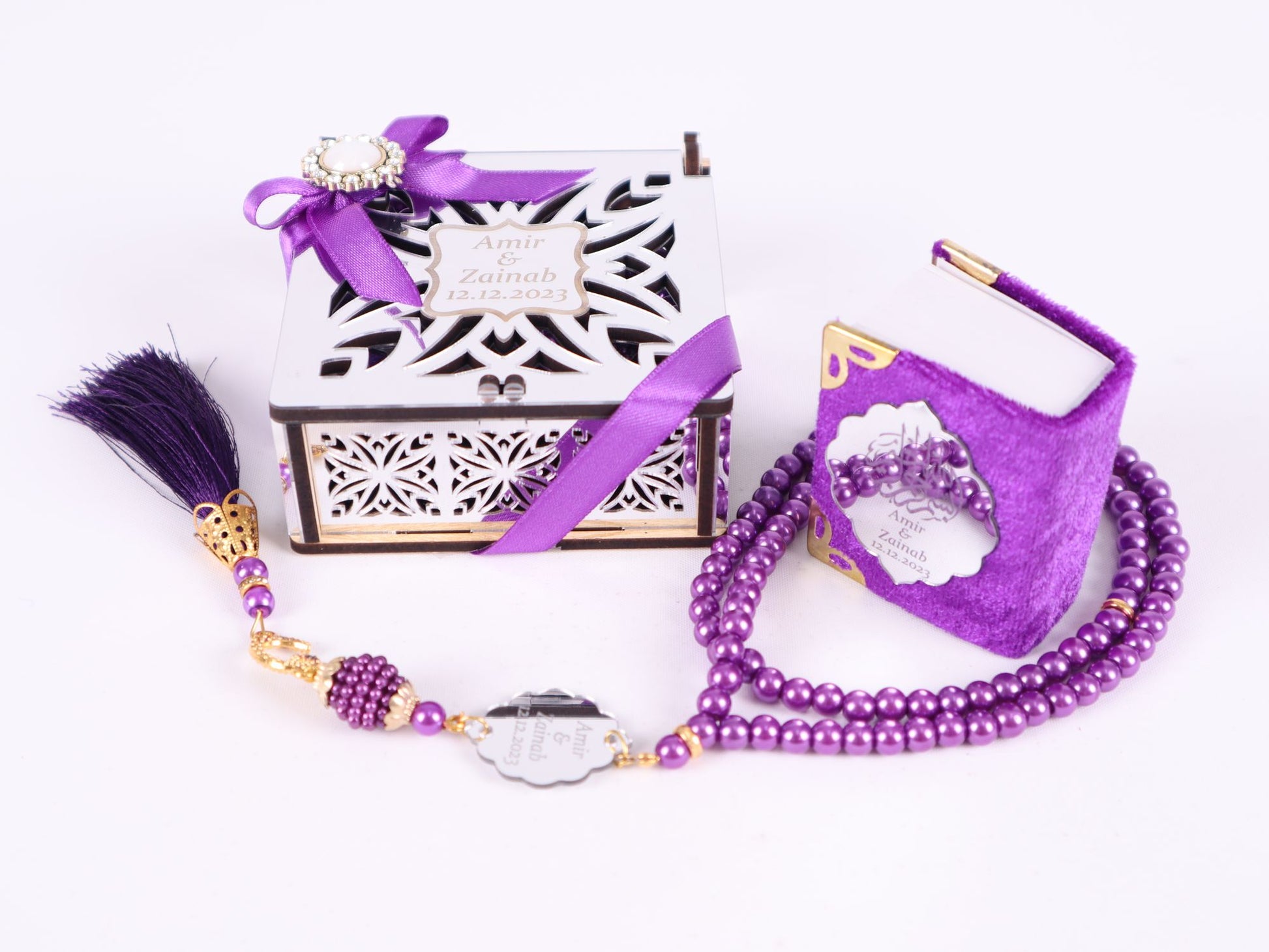 Personalized Mini Quran Prayer Bead Wooden Box with Silver Acrylic Set - Islamic Elite Favors is a handmade gift shop offering a wide variety of unique and personalized gifts for all occasions. Whether you're looking for the perfect Ramadan, Eid, Hajj, wedding gift or something special for a birthday, baby shower or anniversary, we have something for everyone. High quality, made with love.