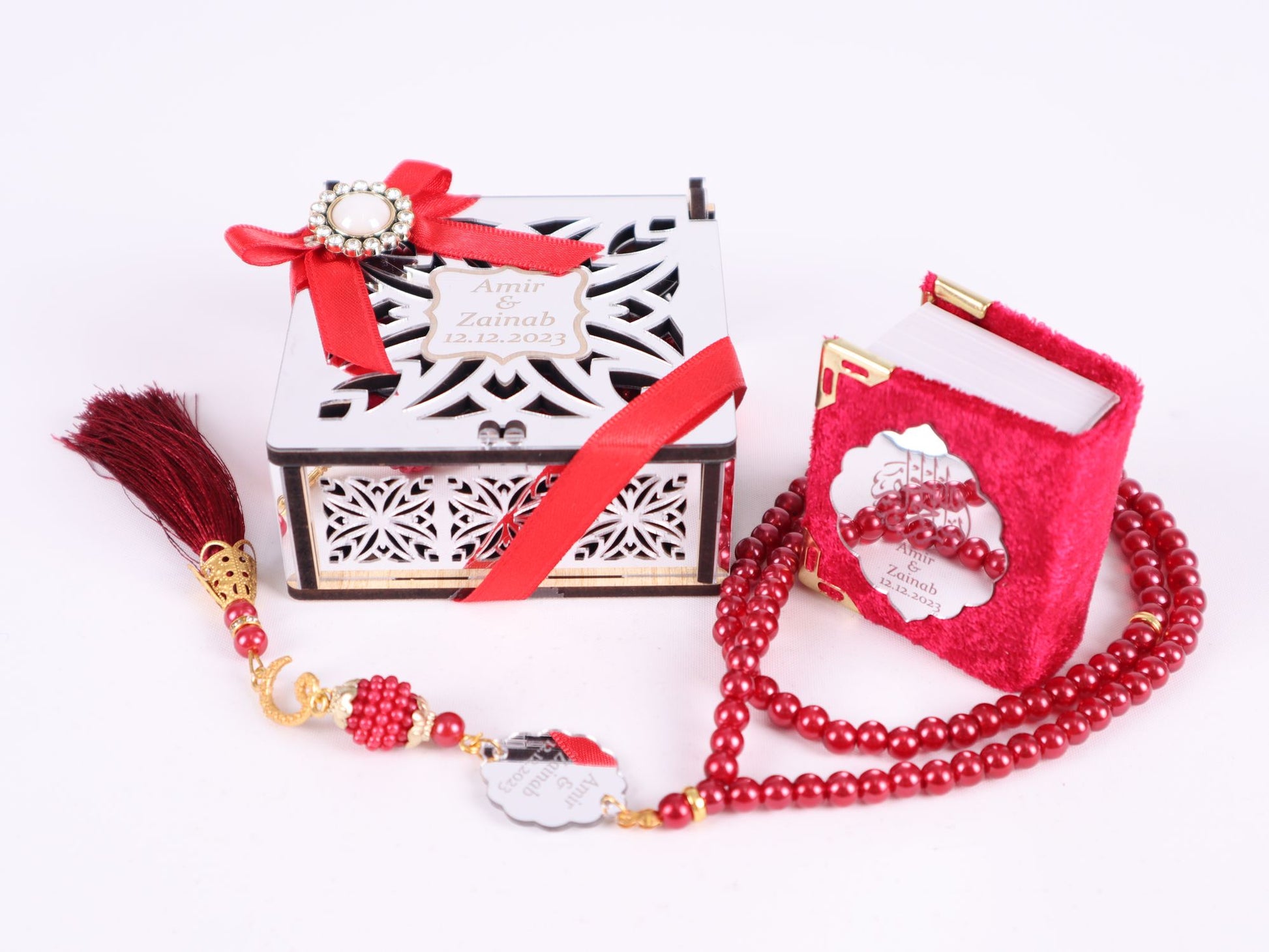 Personalized Mini Quran Prayer Bead Wooden Box with Silver Acrylic Set - Islamic Elite Favors is a handmade gift shop offering a wide variety of unique and personalized gifts for all occasions. Whether you're looking for the perfect Ramadan, Eid, Hajj, wedding gift or something special for a birthday, baby shower or anniversary, we have something for everyone. High quality, made with love.