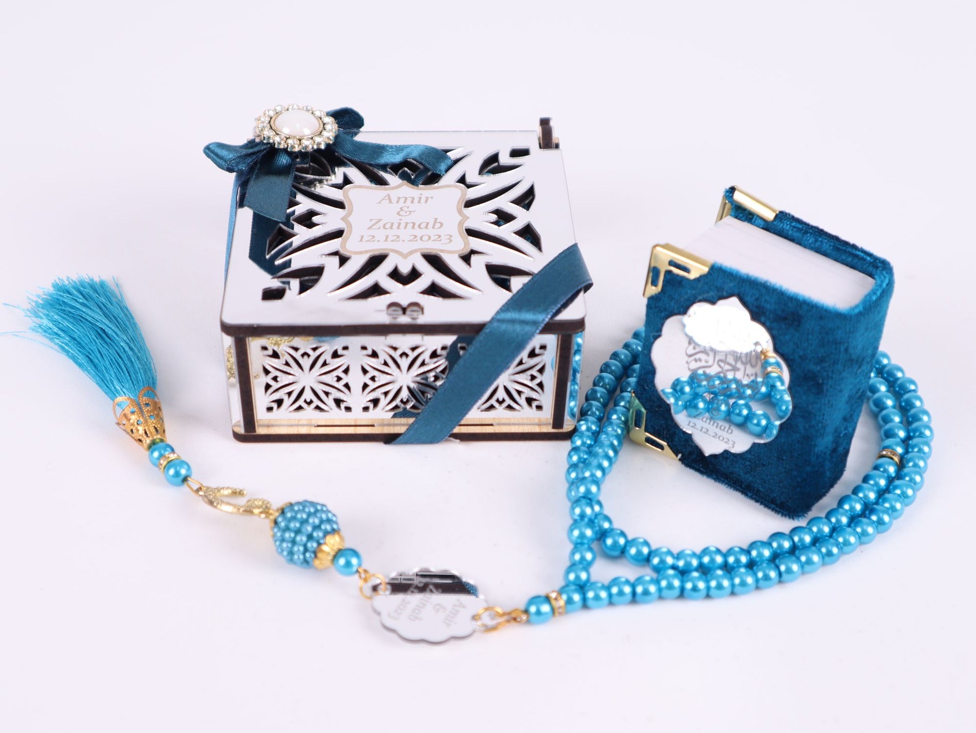 Personalized Mini Quran Prayer Bead Wooden Box with Silver Acrylic Set - Islamic Elite Favors is a handmade gift shop offering a wide variety of unique and personalized gifts for all occasions. Whether you're looking for the perfect Ramadan, Eid, Hajj, wedding gift or something special for a birthday, baby shower or anniversary, we have something for everyone. High quality, made with love.