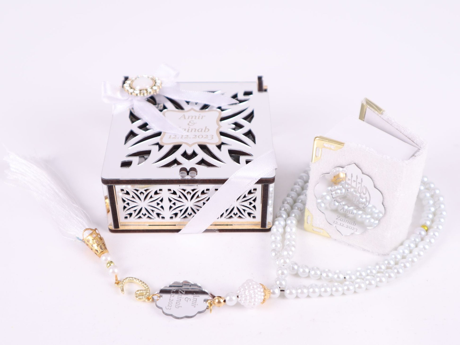 Personalized Mini Quran Prayer Bead Wooden Box with Silver Acrylic Set - Islamic Elite Favors is a handmade gift shop offering a wide variety of unique and personalized gifts for all occasions. Whether you're looking for the perfect Ramadan, Eid, Hajj, wedding gift or something special for a birthday, baby shower or anniversary, we have something for everyone. High quality, made with love.
