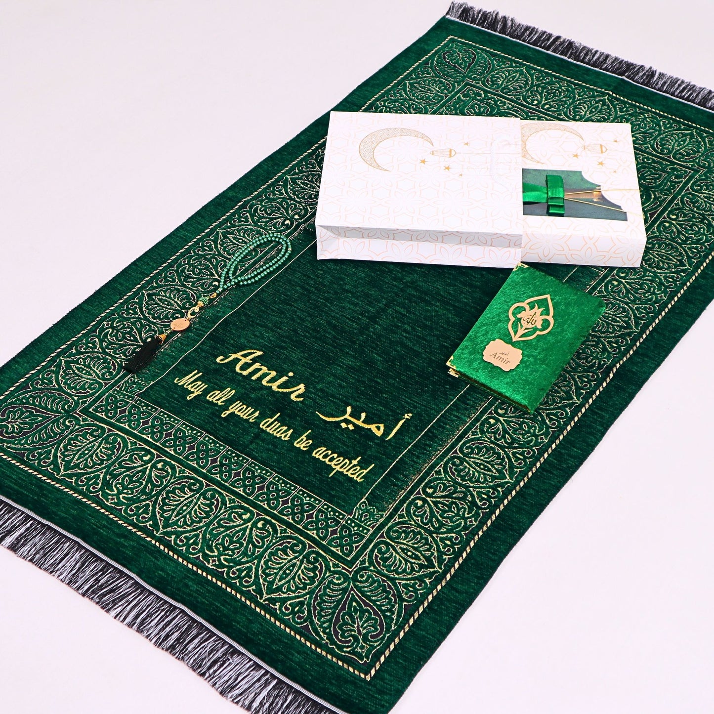 Personalized Taffeta Prayer Mat Quran Tasbeeh Islamic Muslim Gift Set - Islamic Elite Favors is a handmade gift shop offering a wide variety of unique and personalized gifts for all occasions. Whether you're looking for the perfect Ramadan, Eid, Hajj, wedding gift or something special for a birthday, baby shower or anniversary, we have something for everyone. High quality, made with love.