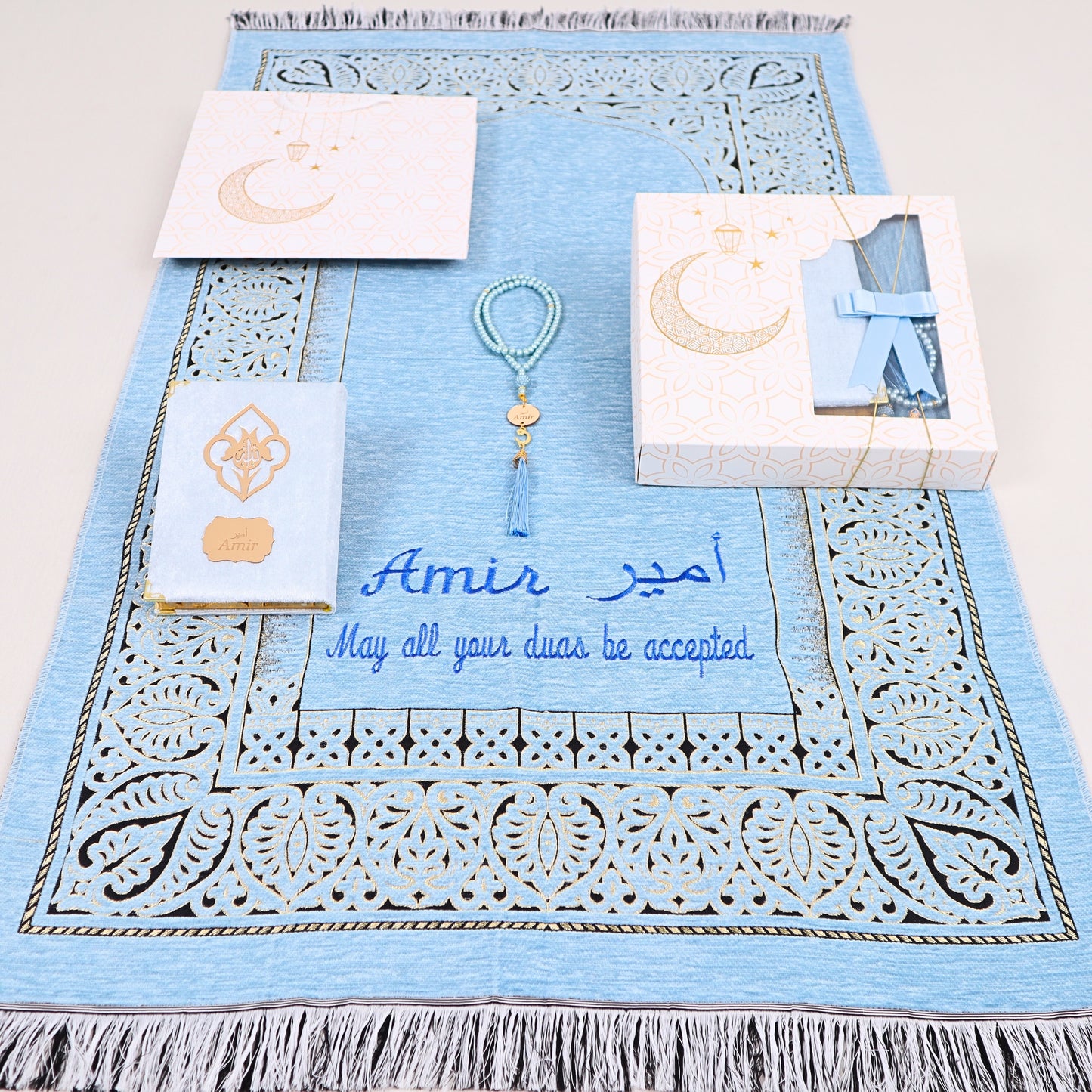 Personalized Taffeta Prayer Mat Quran Tasbeeh Islamic Muslim Gift Set - Islamic Elite Favors is a handmade gift shop offering a wide variety of unique and personalized gifts for all occasions. Whether you're looking for the perfect Ramadan, Eid, Hajj, wedding gift or something special for a birthday, baby shower or anniversary, we have something for everyone. High quality, made with love.