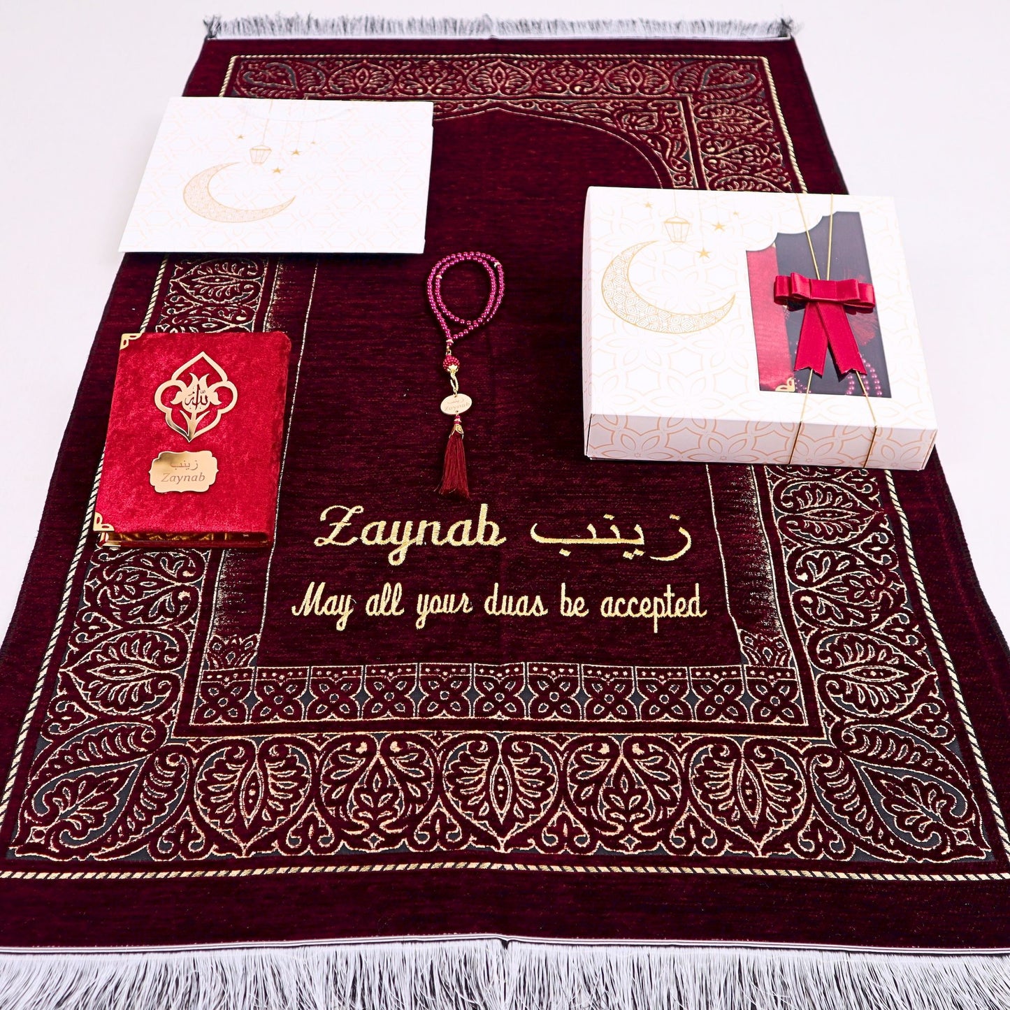 Personalized Taffeta Prayer Mat Quran Tasbeeh Islamic Muslim Gift Set - Islamic Elite Favors is a handmade gift shop offering a wide variety of unique and personalized gifts for all occasions. Whether you're looking for the perfect Ramadan, Eid, Hajj, wedding gift or something special for a birthday, baby shower or anniversary, we have something for everyone. High quality, made with love.