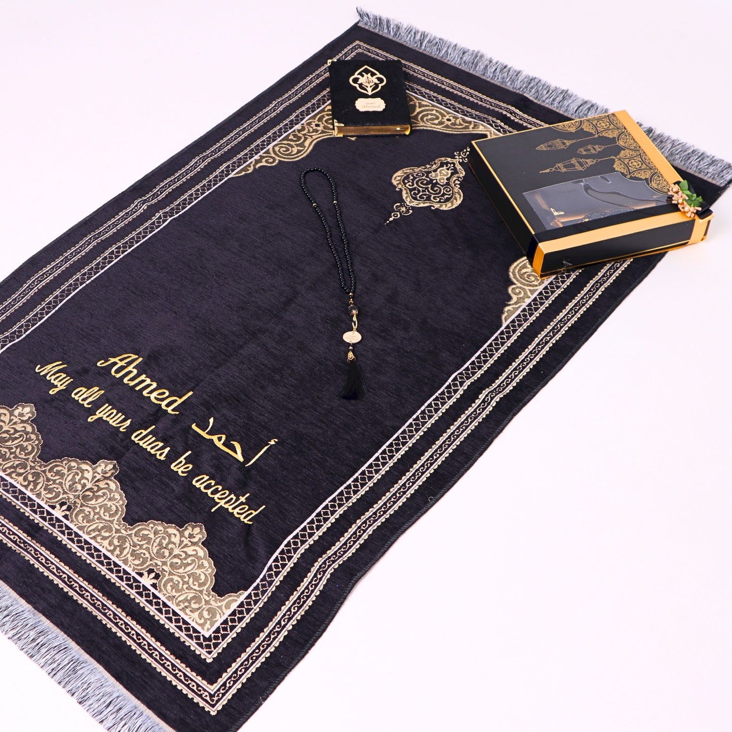 Personalized Chenille Prayer Mat Quran Tasbeeh Islamic Lux Gift Set - Islamic Elite Favors is a handmade gift shop offering a wide variety of unique and personalized gifts for all occasions. Whether you're looking for the perfect Ramadan, Eid, Hajj, wedding gift or something special for a birthday, baby shower or anniversary, we have something for everyone. High quality, made with love.
