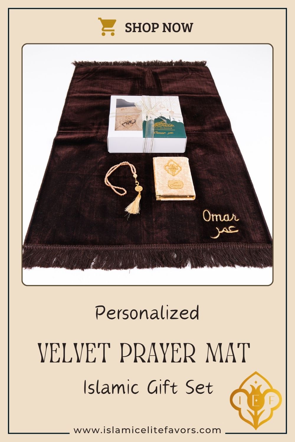Personalized Elegant Velvet Prayer Mat Quran Tasbeeh Islamic Gift Set