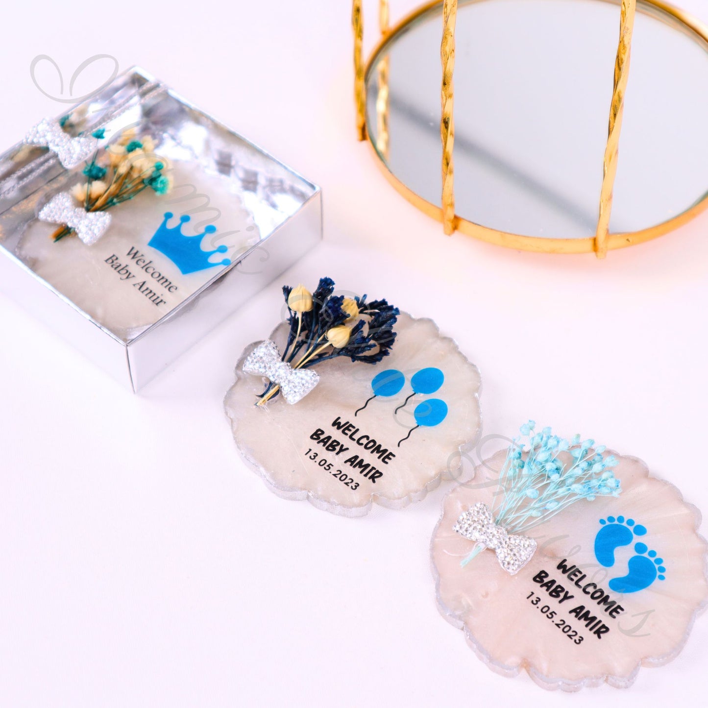 Personalized Baby Shower Favors Epoxy Magnet for Baby Boy Silver Theme - Islamic Elite Favors is a handmade gift shop offering a wide variety of unique and personalized gifts for all occasions. Whether you're looking for the perfect Ramadan, Eid, Hajj, wedding gift or something special for a birthday, baby shower or anniversary, we have something for everyone. High quality, made with love.