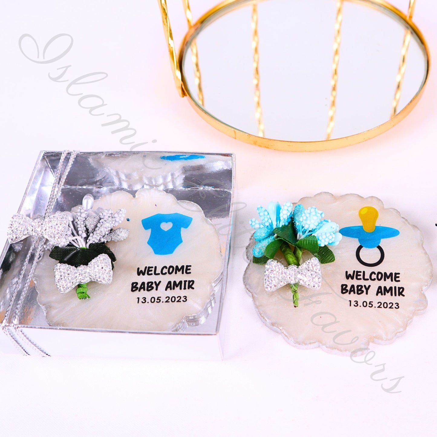Personalized Baby Shower Favors Epoxy Magnet for Baby Boy Silver Theme - Islamic Elite Favors is a handmade gift shop offering a wide variety of unique and personalized gifts for all occasions. Whether you're looking for the perfect Ramadan, Eid, Hajj, wedding gift or something special for a birthday, baby shower or anniversary, we have something for everyone. High quality, made with love.
