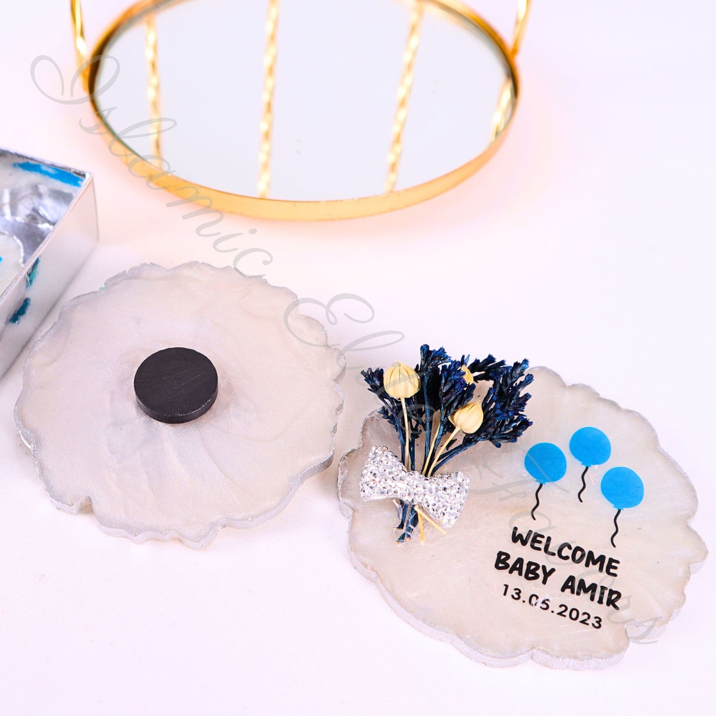 Personalized Baby Shower Favors Epoxy Magnet for Baby Boy Silver Theme - Islamic Elite Favors is a handmade gift shop offering a wide variety of unique and personalized gifts for all occasions. Whether you're looking for the perfect Ramadan, Eid, Hajj, wedding gift or something special for a birthday, baby shower or anniversary, we have something for everyone. High quality, made with love.