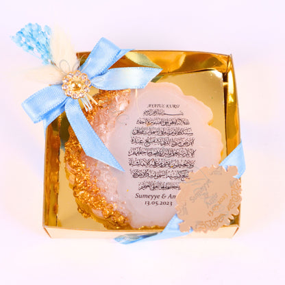 Personalized Wedding Favor Epoxy Ayatul Kursi Magnet in Gold Gift Box - Islamic Elite Favors is a handmade gift shop offering a wide variety of unique and personalized gifts for all occasions. Whether you're looking for the perfect Ramadan, Eid, Hajj, wedding gift or something special for a birthday, baby shower or anniversary, we have something for everyone. High quality, made with love.