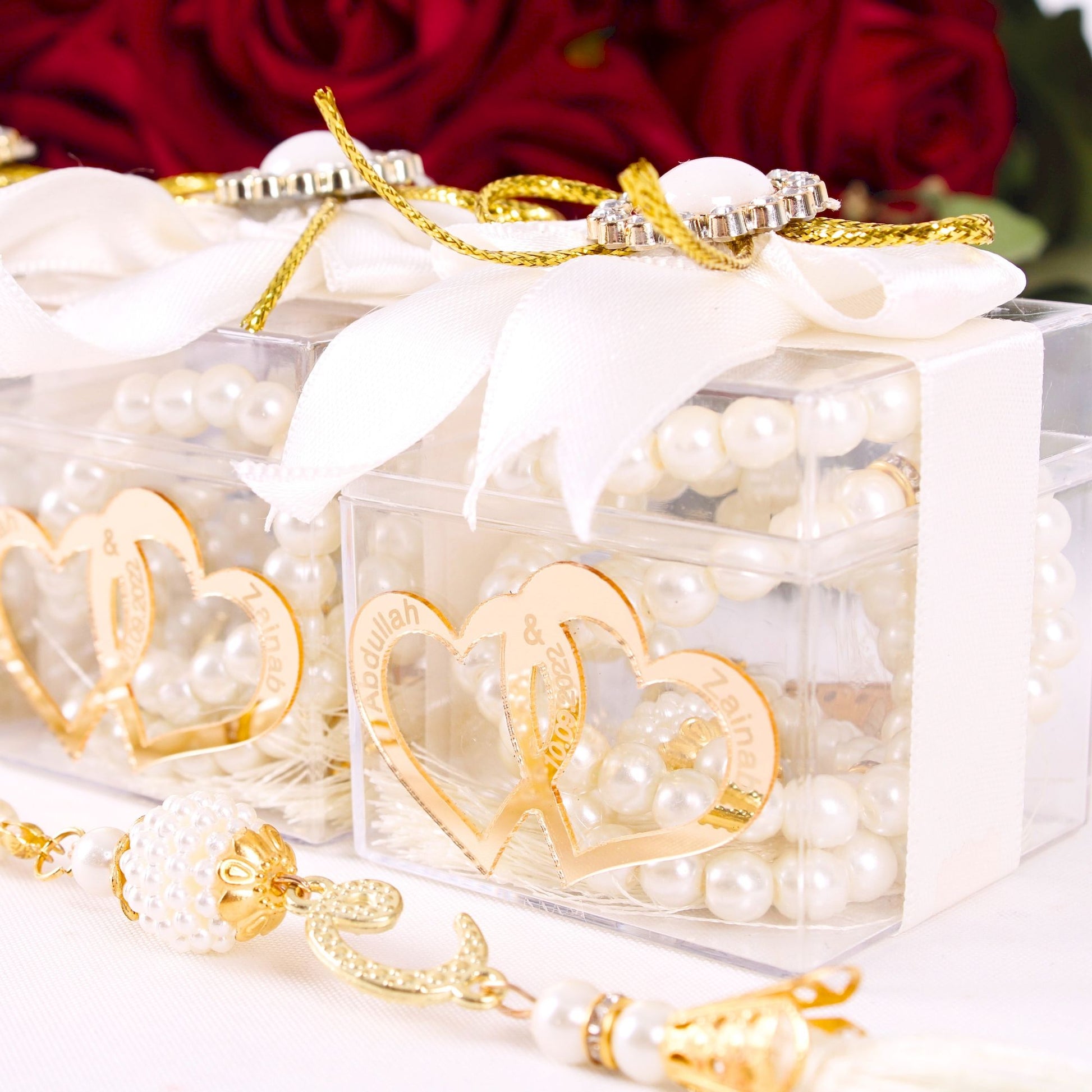 Personalized Prayer Bead Wedding Favor Decorated Box with Double Heart - Islamic Elite Favors is a handmade gift shop offering a wide variety of unique and personalized gifts for all occasions. Whether you're looking for the perfect Ramadan, Eid, Hajj, wedding gift or something special for a birthday, baby shower or anniversary, we have something for everyone. High quality, made with love.