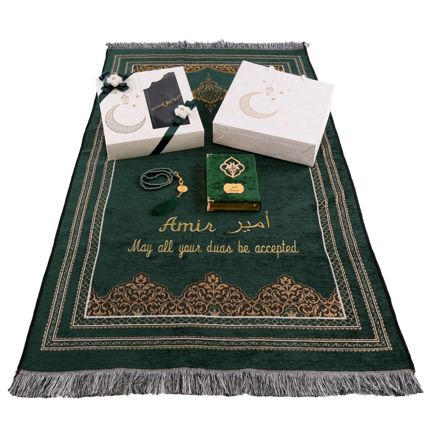 Personalized Chenille Prayer Mat Quran Tasbeeh Islamic Muslim Gift Set - Islamic Elite Favors is a handmade gift shop offering a wide variety of unique and personalized gifts for all occasions. Whether you're looking for the perfect Ramadan, Eid, Hajj, wedding gift or something special for a birthday, baby shower or anniversary, we have something for everyone. High quality, made with love.