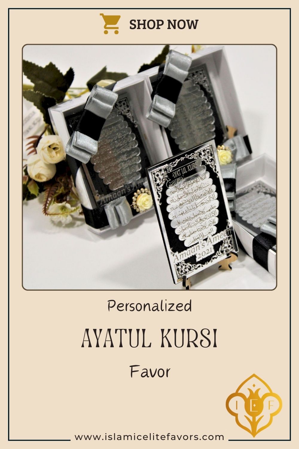 Personalized Ameen Favor Ayatul Kursi on Stand Silver Plexi Black Wood - Islamic Elite Favors is a handmade gift shop offering a wide variety of unique and personalized gifts for all occasions. Whether you're looking for the perfect Ramadan, Eid, Hajj, wedding gift or something special for a birthday, baby shower or anniversary, we have something for everyone. High quality, made with love.