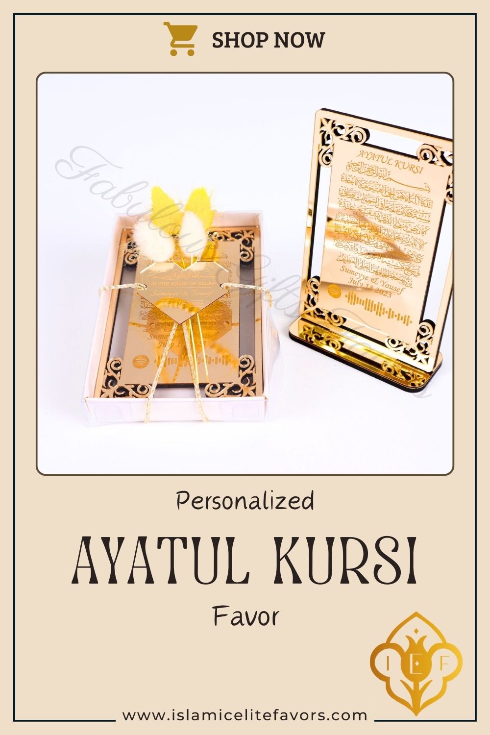 Personalized Wedding Favor Ayatul Kursi on Stand Gold Acrylic Mirror - Islamic Elite Favors is a handmade gift shop offering a wide variety of unique and personalized gifts for all occasions. Whether you're looking for the perfect Ramadan, Eid, Hajj, wedding gift or something special for a birthday, baby shower or anniversary, we have something for everyone. High quality, made with love.