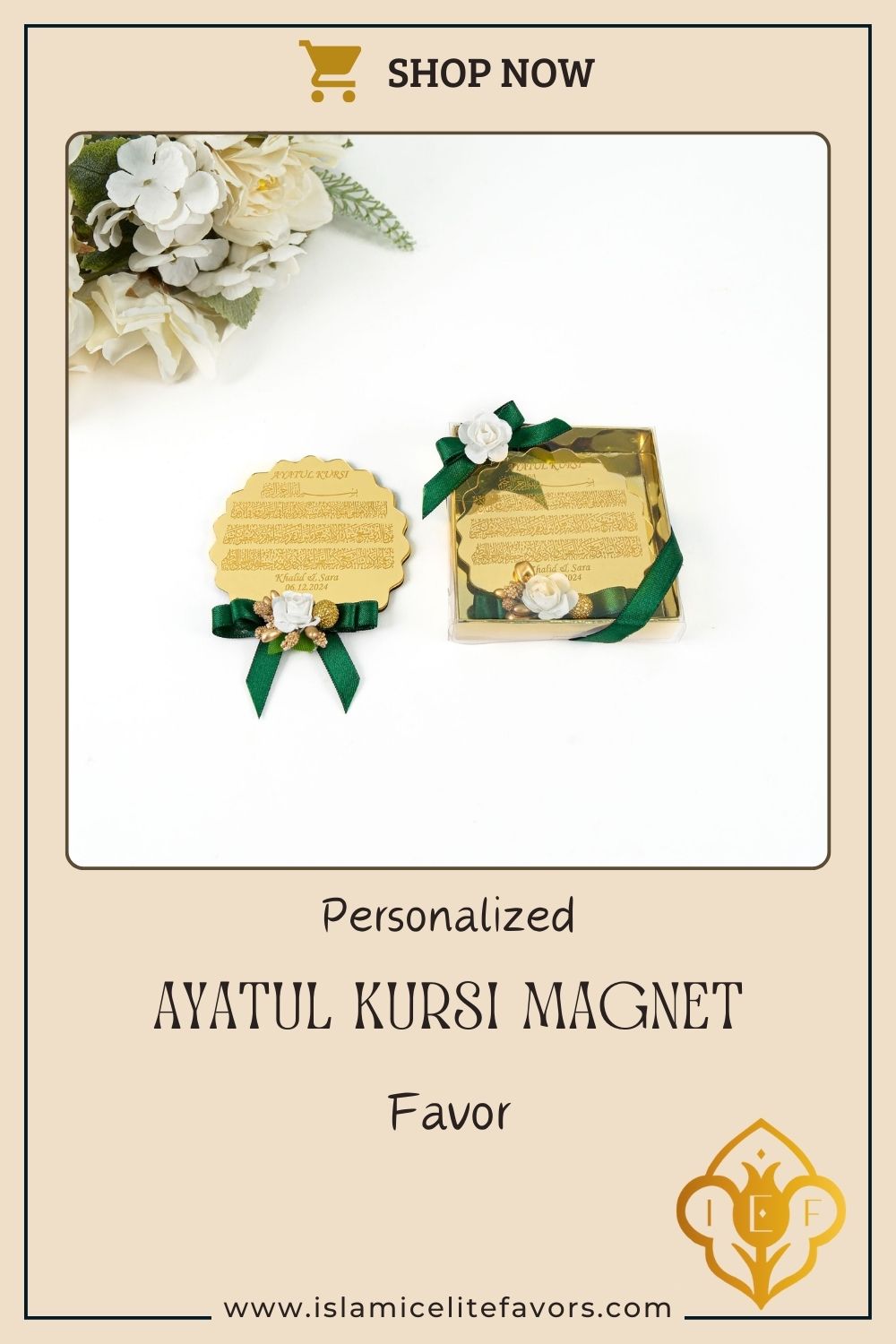 Personalized Ayatul Kursi Magnet Favor with Flower - Islamic Elite Favors is a handmade gift shop offering a wide variety of unique and personalized gifts for all occasions. Whether you're looking for the perfect Ramadan, Eid, Hajj, wedding gift or something special for a birthday, baby shower or anniversary, we have something for everyone. High quality, made with love.