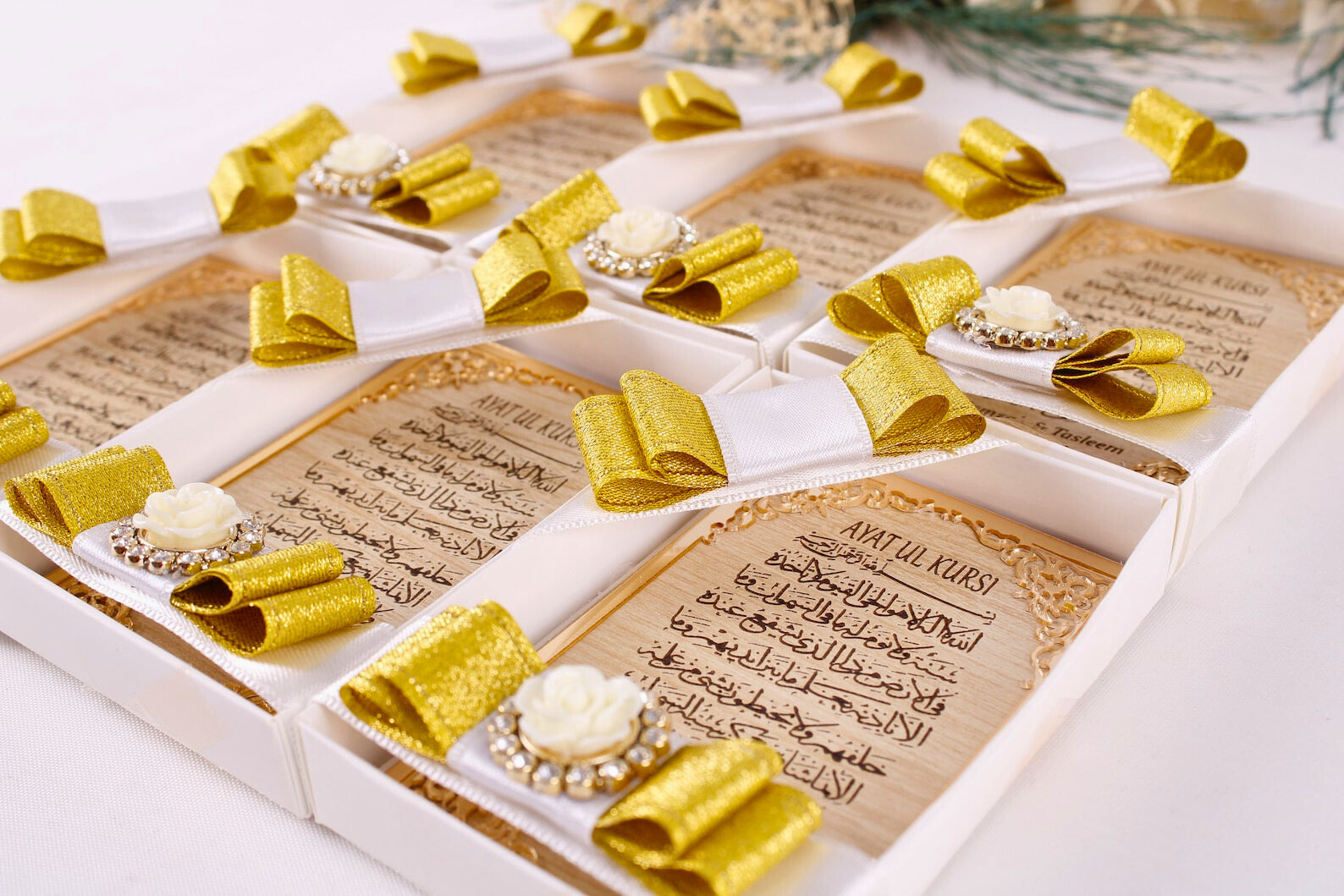 Personalized Wedding Favor Ayatul Kursi on Stand Gold Frame Brown Wood - Islamic Elite Favors is a handmade gift shop offering a wide variety of unique and personalized gifts for all occasions. Whether you're looking for the perfect Ramadan, Eid, Hajj, wedding gift or something special for a birthday, baby shower or anniversary, we have something for everyone. High quality, made with love.