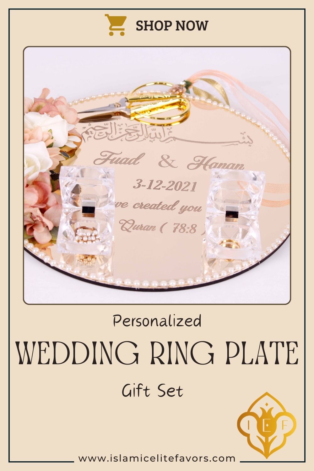Personalized Wedding Ring Plate Ring Box Scissor Gift Set - Islamic Elite Favors is a handmade gift shop offering a wide variety of unique and personalized gifts for all occasions. Whether you're looking for the perfect Ramadan, Eid, Hajj, wedding gift or something special for a birthday, baby shower or anniversary, we have something for everyone. High quality, made with love.
