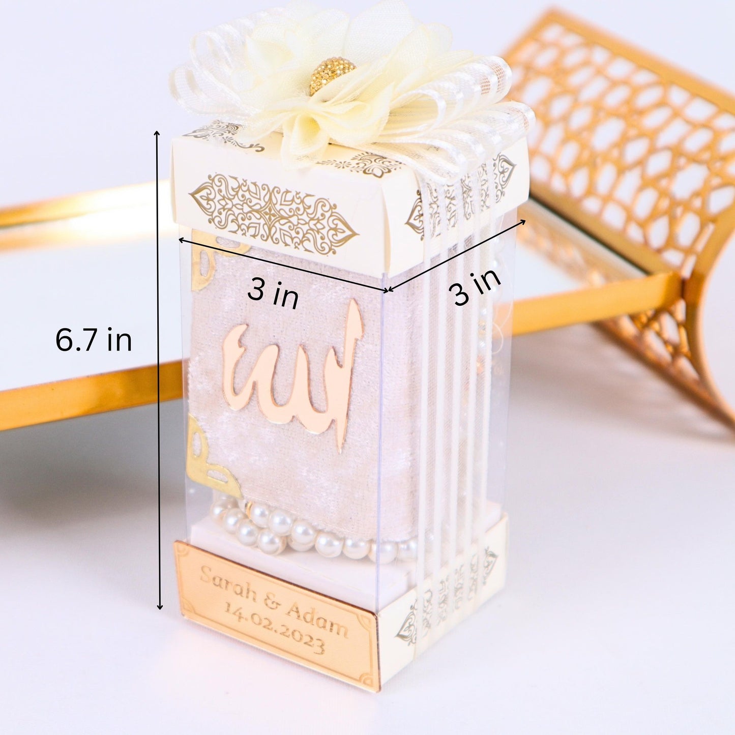 Personalized Velvet Mini Quran Pearl Tasbeeh Prism Box Wedding Favor - Islamic Elite Favors is a handmade gift shop offering a wide variety of unique and personalized gifts for all occasions. Whether you're looking for the perfect Ramadan, Eid, Hajj, wedding gift or something special for a birthday, baby shower or anniversary, we have something for everyone. High quality, made with love.
