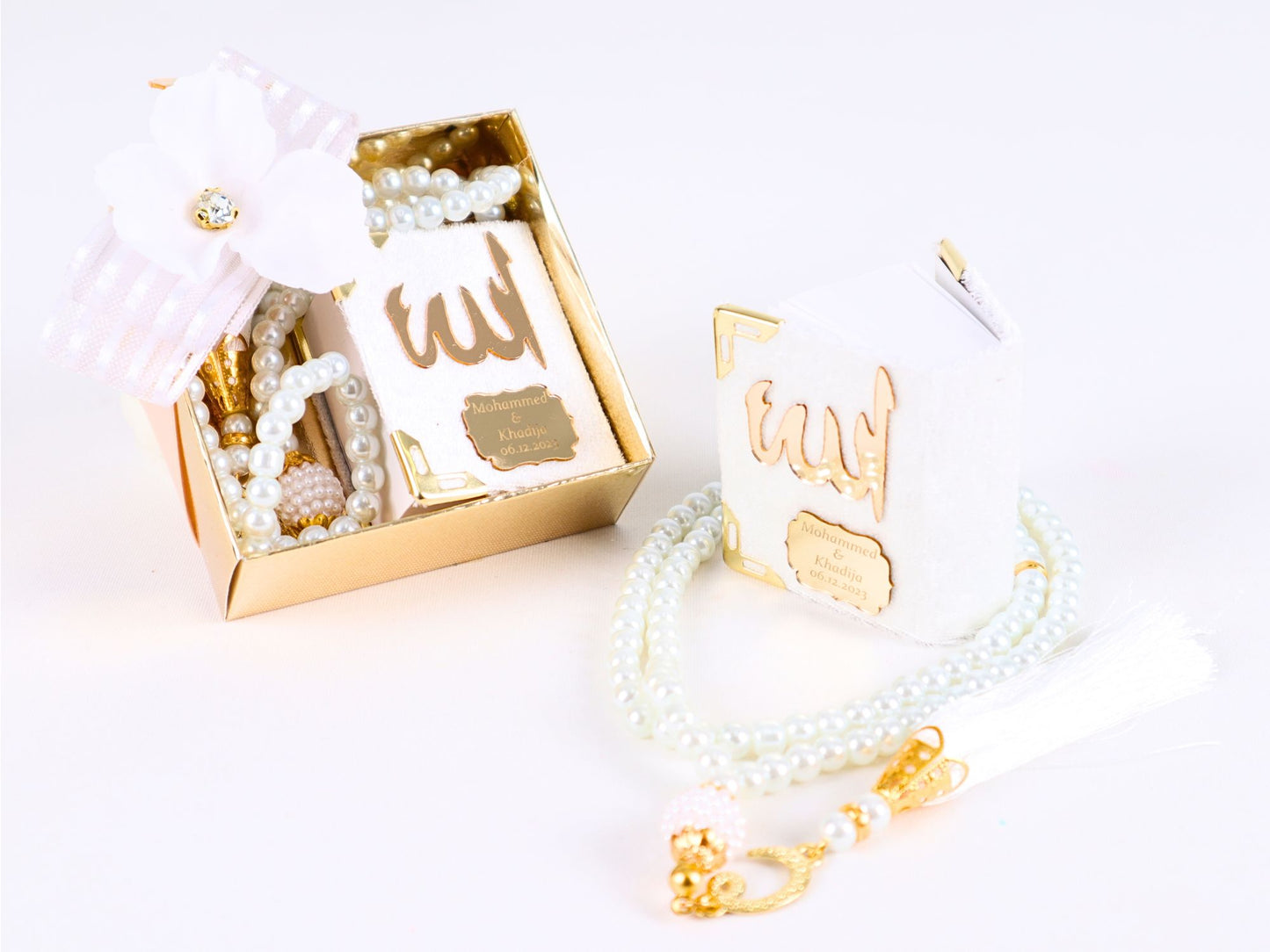 Personalized Mini Quran Pearl Prayer Beads Rose Décor Wedding Favor - Islamic Elite Favors is a handmade gift shop offering a wide variety of unique and personalized gifts for all occasions. Whether you're looking for the perfect Ramadan, Eid, Hajj, wedding gift or something special for a birthday, baby shower or anniversary, we have something for everyone. High quality, made with love.