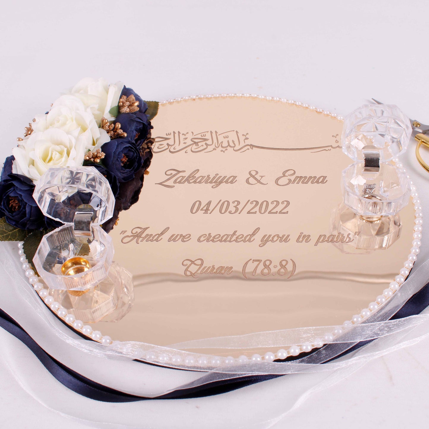 Personalized Wedding Ring Plate Ring Box Scissor Gift Set - Islamic Elite Favors is a handmade gift shop offering a wide variety of unique and personalized gifts for all occasions. Whether you're looking for the perfect Ramadan, Eid, Hajj, wedding gift or something special for a birthday, baby shower or anniversary, we have something for everyone. High quality, made with love.