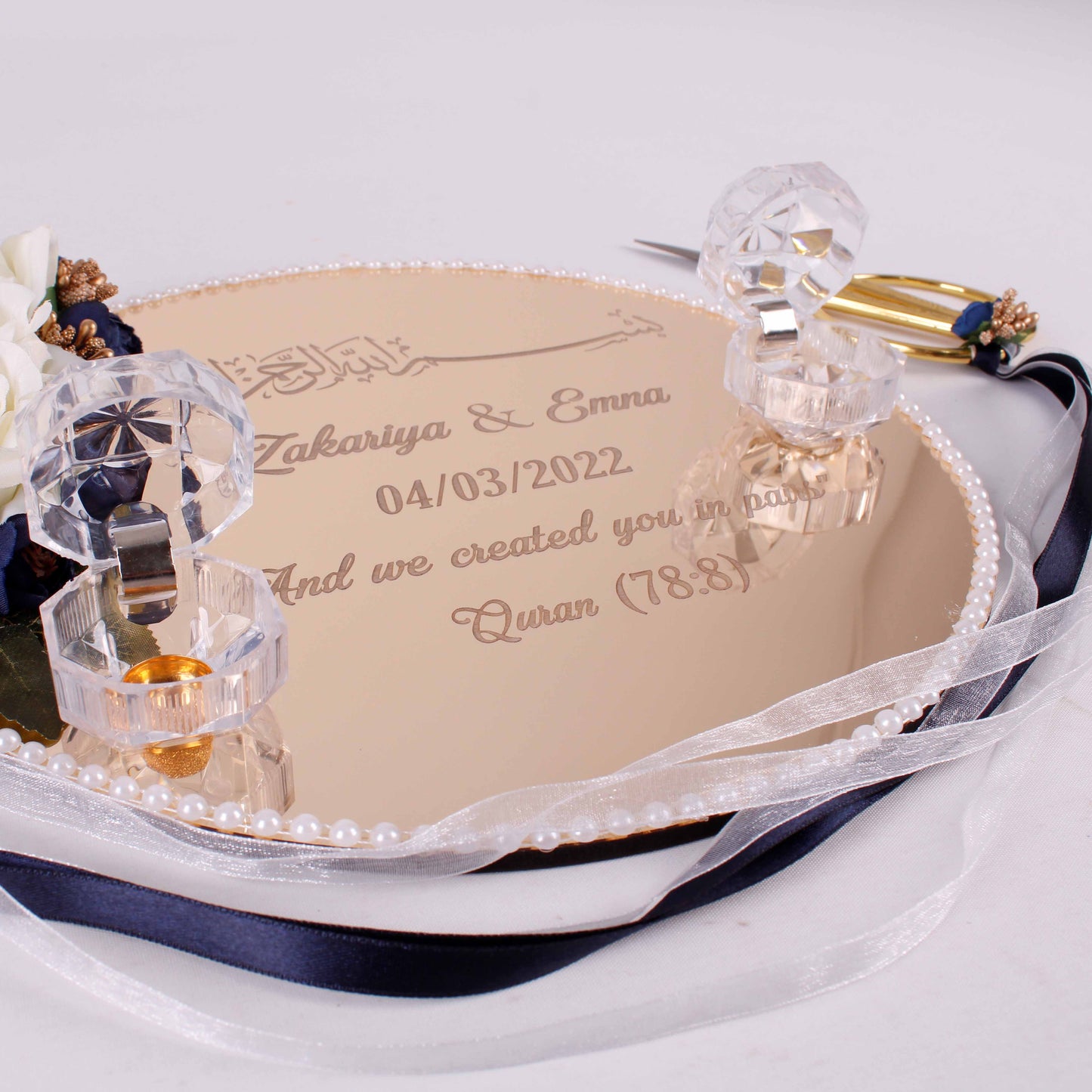 Personalized Wedding Ring Plate Ring Box Scissor Gift Set - Islamic Elite Favors is a handmade gift shop offering a wide variety of unique and personalized gifts for all occasions. Whether you're looking for the perfect Ramadan, Eid, Hajj, wedding gift or something special for a birthday, baby shower or anniversary, we have something for everyone. High quality, made with love.
