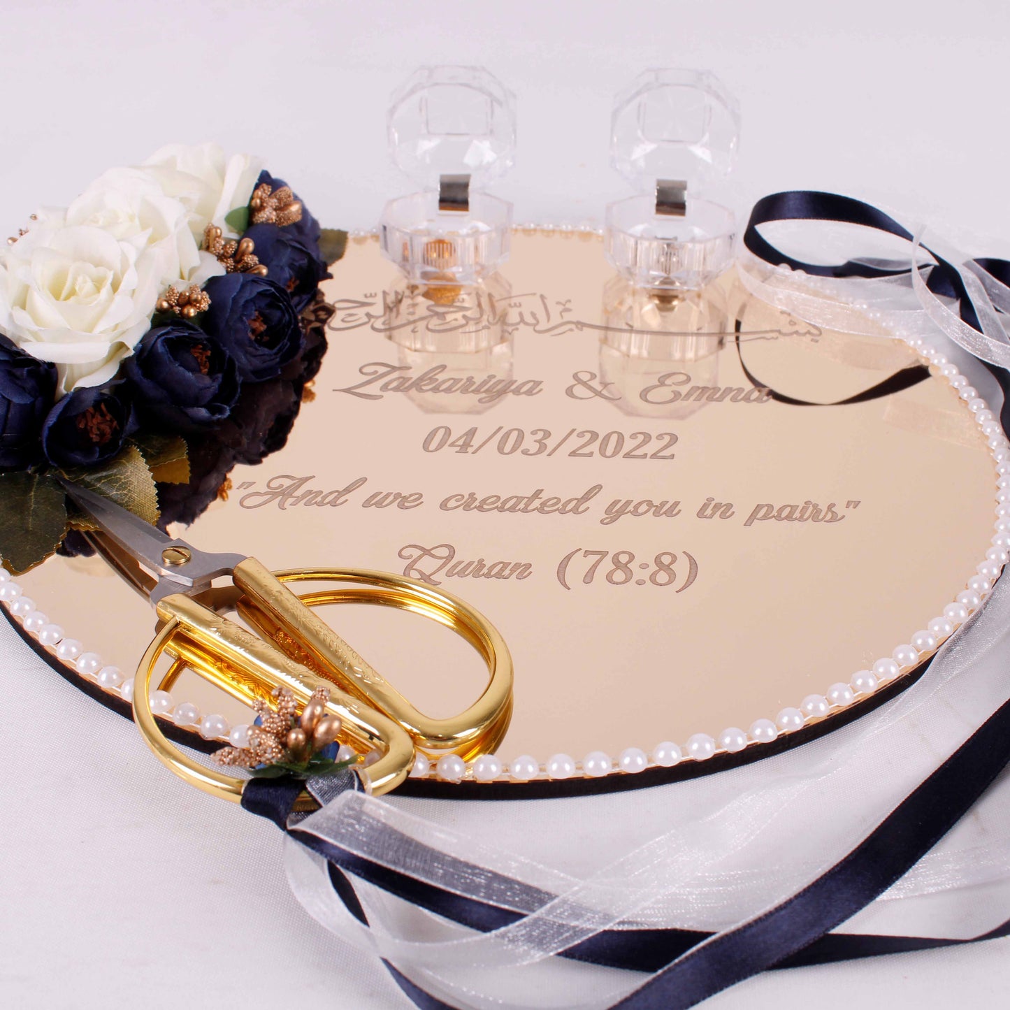 Personalized Wedding Ring Plate Ring Box Scissor Gift Set - Islamic Elite Favors is a handmade gift shop offering a wide variety of unique and personalized gifts for all occasions. Whether you're looking for the perfect Ramadan, Eid, Hajj, wedding gift or something special for a birthday, baby shower or anniversary, we have something for everyone. High quality, made with love.