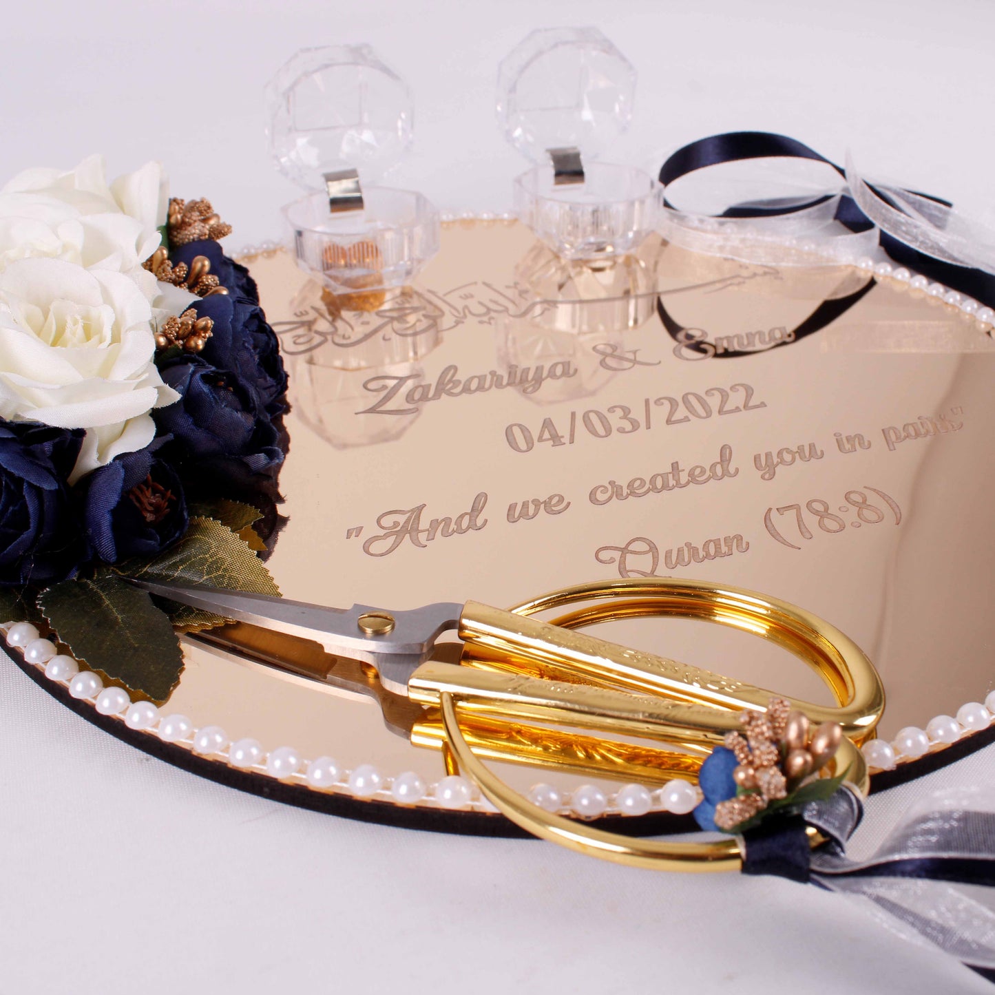 Personalized Wedding Ring Plate Ring Box Scissor Gift Set - Islamic Elite Favors is a handmade gift shop offering a wide variety of unique and personalized gifts for all occasions. Whether you're looking for the perfect Ramadan, Eid, Hajj, wedding gift or something special for a birthday, baby shower or anniversary, we have something for everyone. High quality, made with love.