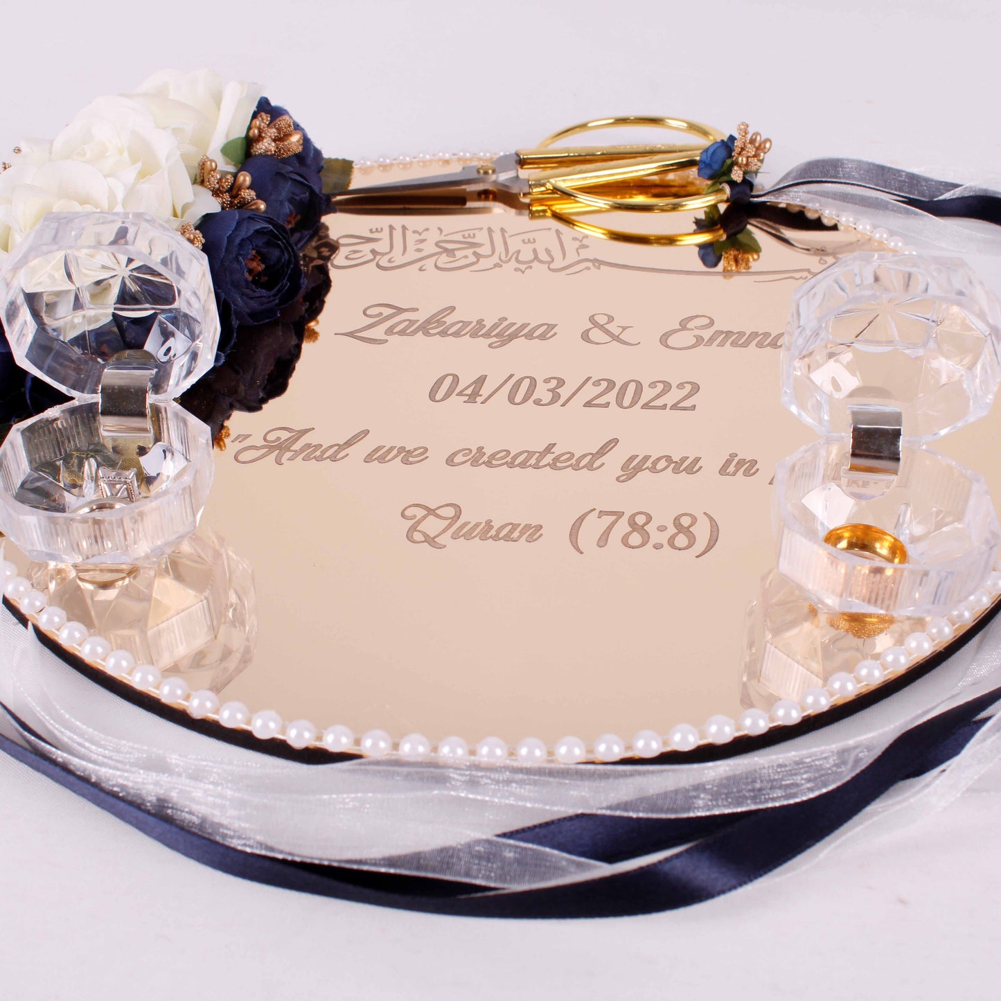 Personalized Wedding Ring Plate Ring Box Scissor Gift Set - Islamic Elite Favors is a handmade gift shop offering a wide variety of unique and personalized gifts for all occasions. Whether you're looking for the perfect Ramadan, Eid, Hajj, wedding gift or something special for a birthday, baby shower or anniversary, we have something for everyone. High quality, made with love.