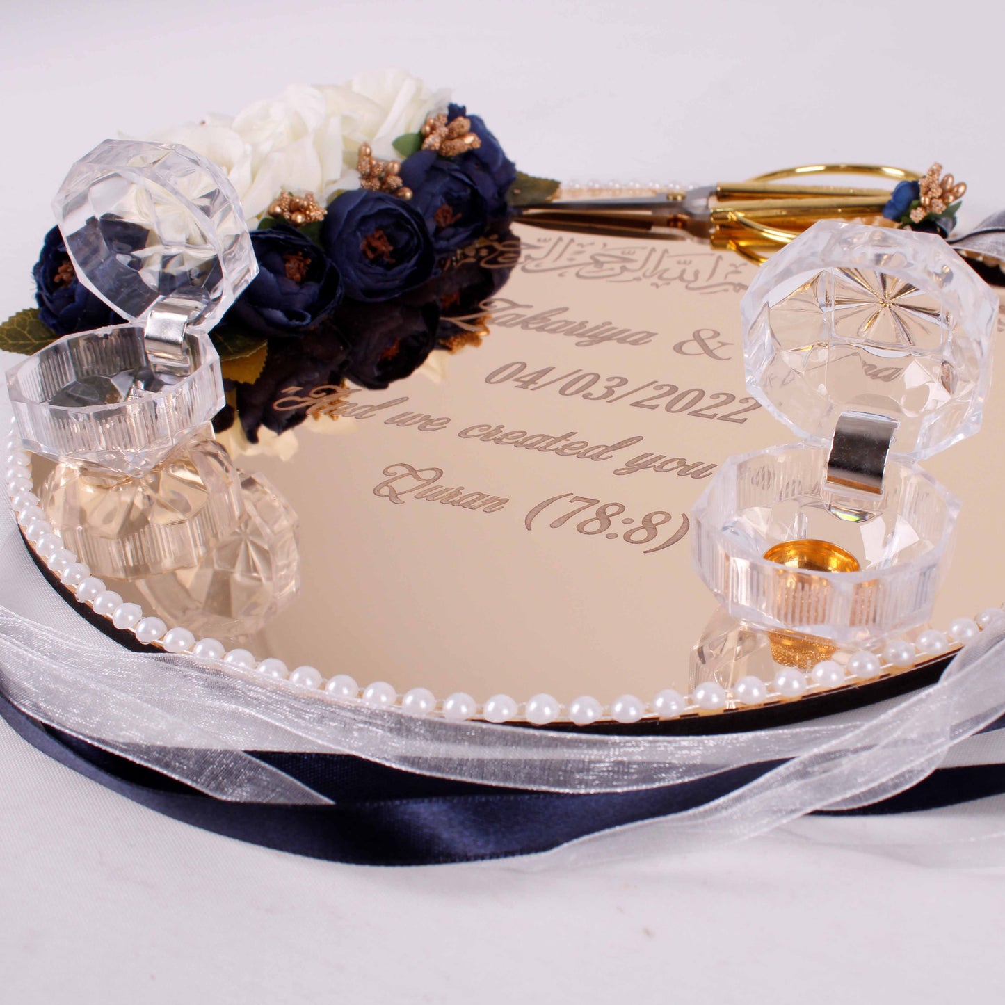 Personalized Wedding Ring Plate Ring Box Scissor Gift Set - Islamic Elite Favors is a handmade gift shop offering a wide variety of unique and personalized gifts for all occasions. Whether you're looking for the perfect Ramadan, Eid, Hajj, wedding gift or something special for a birthday, baby shower or anniversary, we have something for everyone. High quality, made with love.