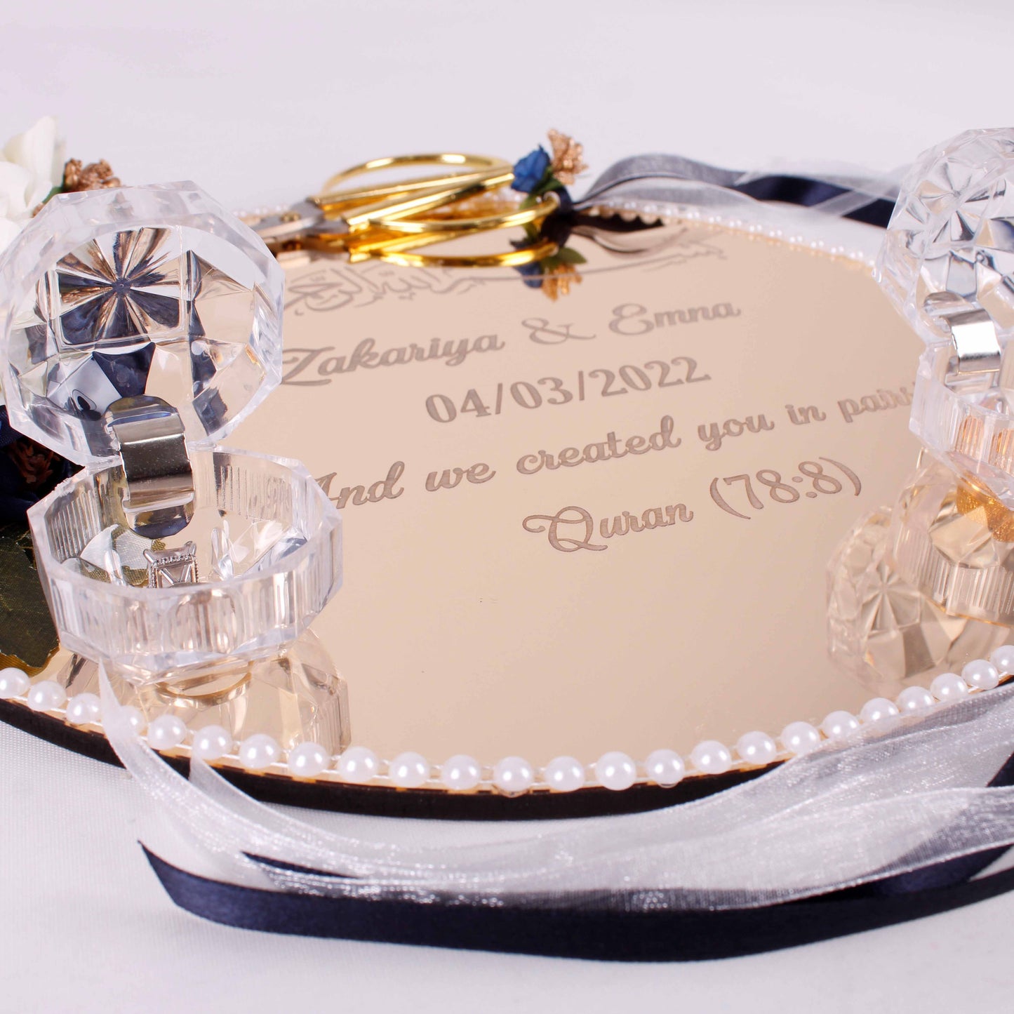 Personalized Wedding Ring Plate Ring Box Scissor Gift Set - Islamic Elite Favors is a handmade gift shop offering a wide variety of unique and personalized gifts for all occasions. Whether you're looking for the perfect Ramadan, Eid, Hajj, wedding gift or something special for a birthday, baby shower or anniversary, we have something for everyone. High quality, made with love.