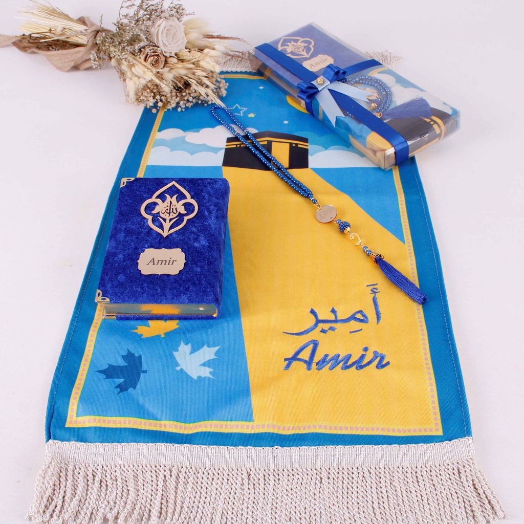 Personalized Kid Teen Size Kaaba Design Blue Double Layered Soft Prayer Mat Quran Prayer Beads Gift Set