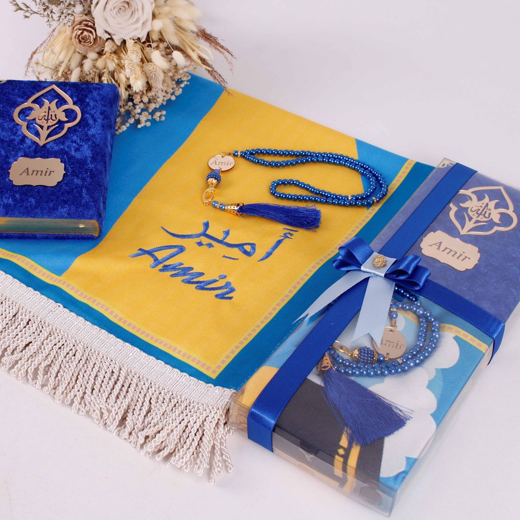 Personalized Kid Teen Size Kaaba Design Blue Double Layered Soft Prayer Mat Quran Prayer Beads Gift Set