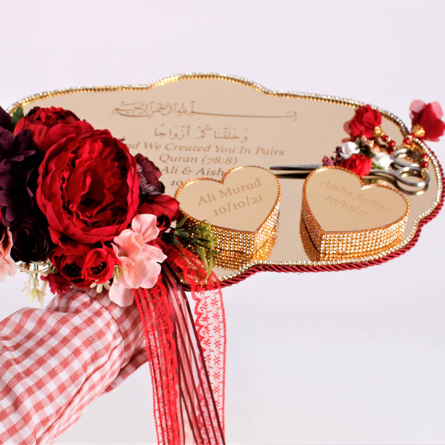 Personalized Wedding Ring Plate Heart Shape Ring Box Scissor Gift Set - Islamic Elite Favors is a handmade gift shop offering a wide variety of unique and personalized gifts for all occasions. Whether you're looking for the perfect Ramadan, Eid, Hajj, wedding gift or something special for a birthday, baby shower or anniversary, we have something for everyone. High quality, made with love.