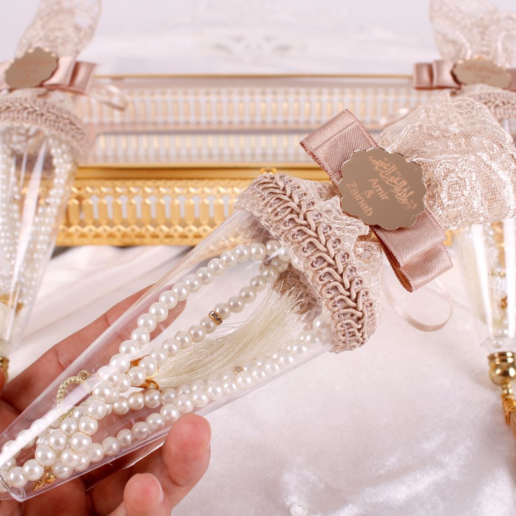Personalized Pearl Prayer Beads in Decorated Cone Wedding Shower Favor - Islamic Elite Favors is a handmade gift shop offering a wide variety of unique and personalized gifts for all occasions. Whether you're looking for the perfect Ramadan, Eid, Hajj, wedding gift or something special for a birthday, baby shower or anniversary, we have something for everyone. High quality, made with love.