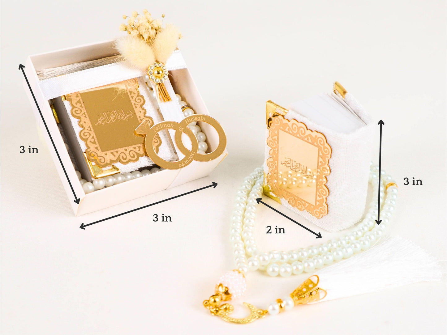 Personalized Wedding Favor Mini Quran Pearl Tasbeeh Basmala Ring Décor - Islamic Elite Favors is a handmade gift shop offering a wide variety of unique and personalized gifts for all occasions. Whether you're looking for the perfect Ramadan, Eid, Hajj, wedding gift or something special for a birthday, baby shower or anniversary, we have something for everyone. High quality, made with love.