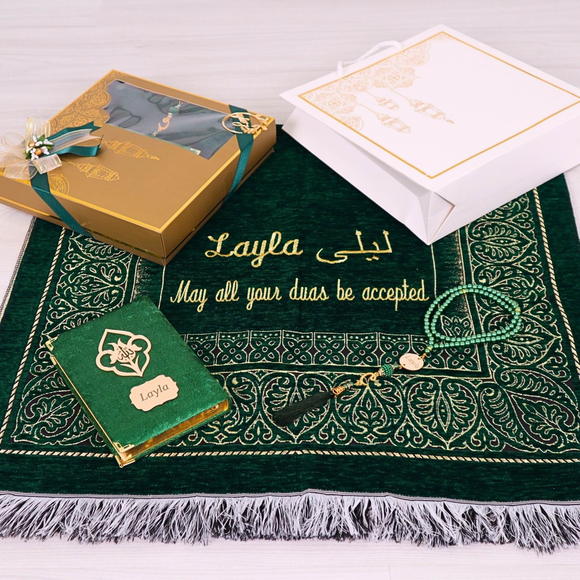 Personalized Taffeta Prayer Mat Quran Tasbeeh Islamic Muslim Gift Set, Ramadan Eid Wedding Birthday Fathers Mothers Days Gifts - Islamic Elite Favors is a handmade gift shop offering a wide variety of unique and personalized gifts for all occasions. Whether you're looking for the perfect Ramadan, Eid, Hajj, wedding gift or something special for a birthday, baby shower or anniversary, we have something for everyone. High quality, made with love.