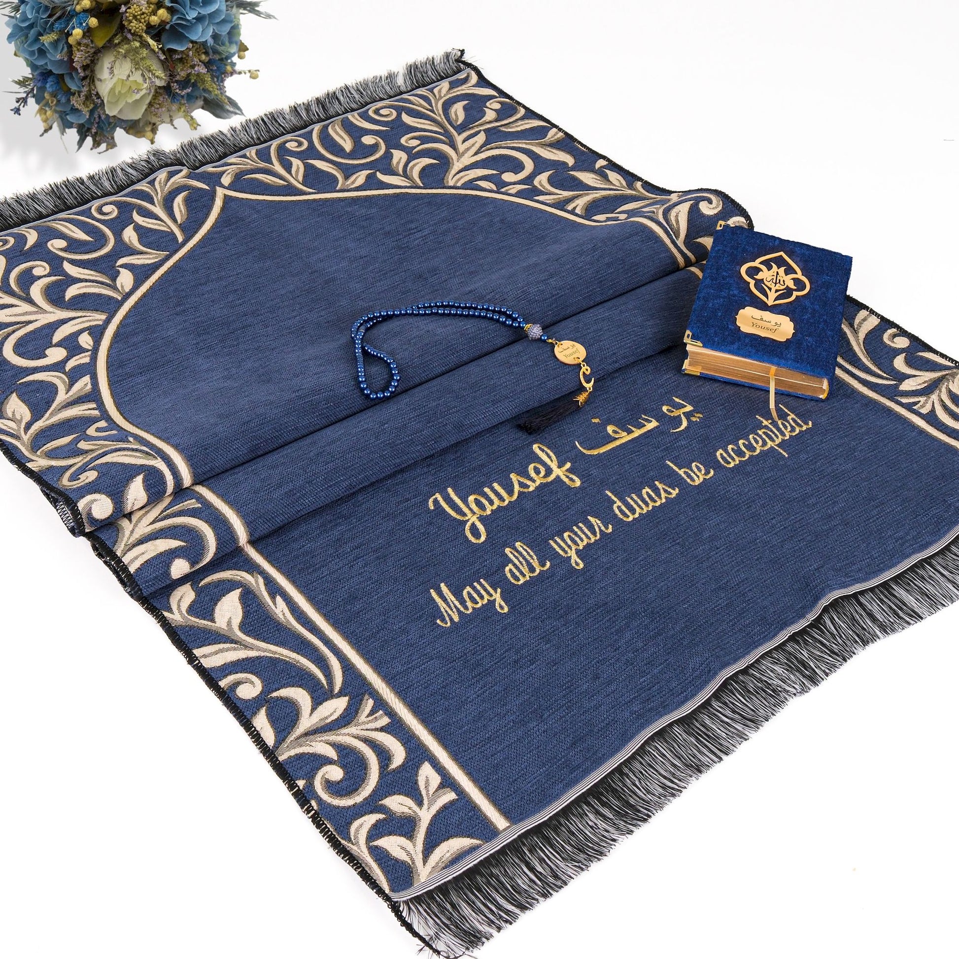 Personalized Flowery Prayer Mat Quran Tasbeeh Islamic Muslim Gift Set - Islamic Elite Favors is a handmade gift shop offering a wide variety of unique and personalized gifts for all occasions. Whether you're looking for the perfect Ramadan, Eid, Hajj, wedding gift or something special for a birthday, baby shower or anniversary, we have something for everyone. High quality, made with love.