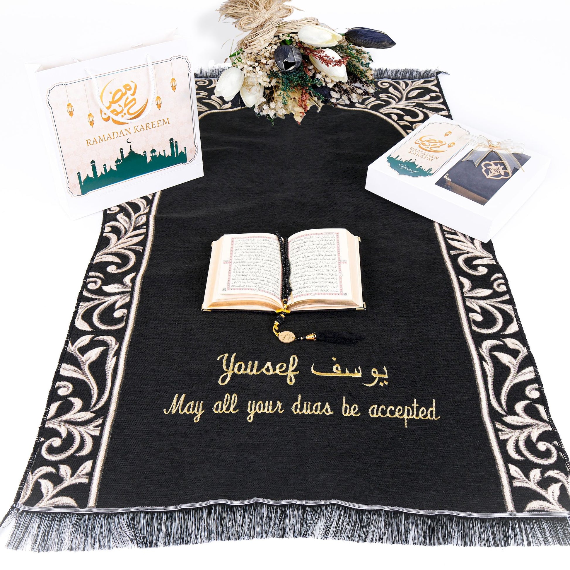 Personalized Flowery Prayer Mat Quran Tasbeeh Islamic Muslim Gift Set - Islamic Elite Favors is a handmade gift shop offering a wide variety of unique and personalized gifts for all occasions. Whether you're looking for the perfect Ramadan, Eid, Hajj, wedding gift or something special for a birthday, baby shower or anniversary, we have something for everyone. High quality, made with love.
