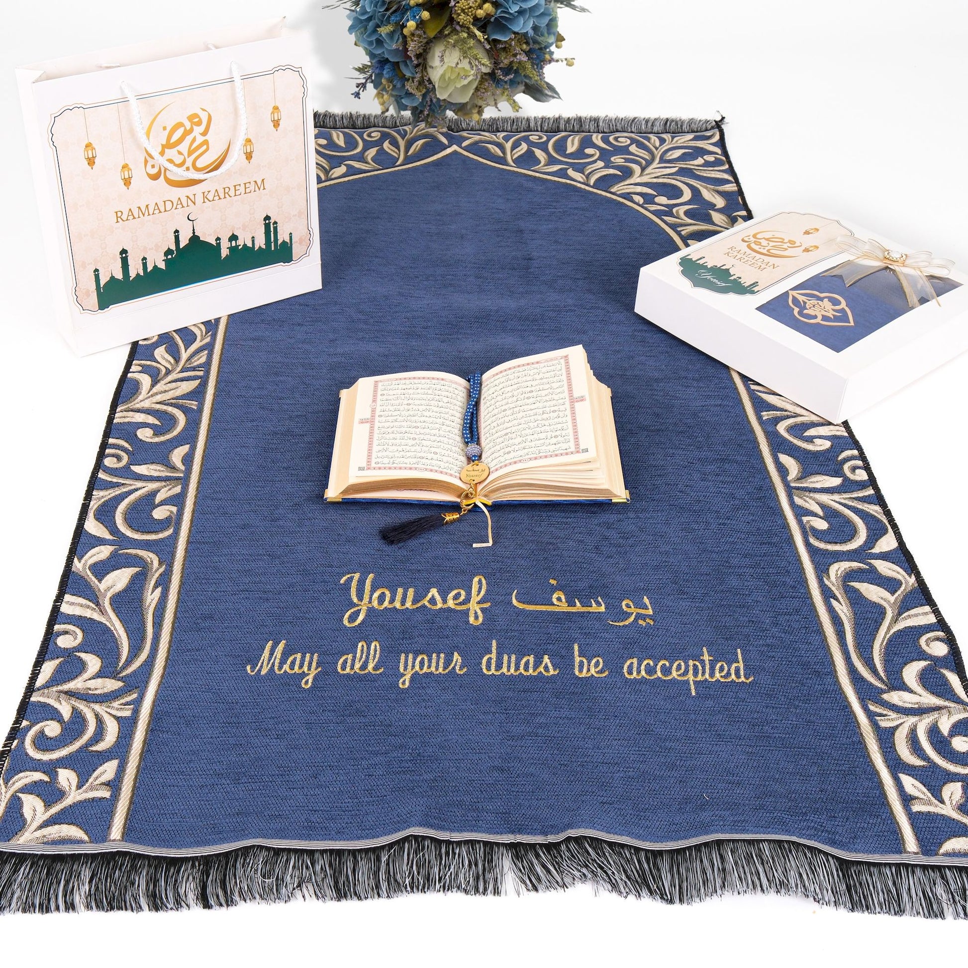 Personalized Flowery Prayer Mat Quran Tasbeeh Islamic Muslim Gift Set - Islamic Elite Favors is a handmade gift shop offering a wide variety of unique and personalized gifts for all occasions. Whether you're looking for the perfect Ramadan, Eid, Hajj, wedding gift or something special for a birthday, baby shower or anniversary, we have something for everyone. High quality, made with love.