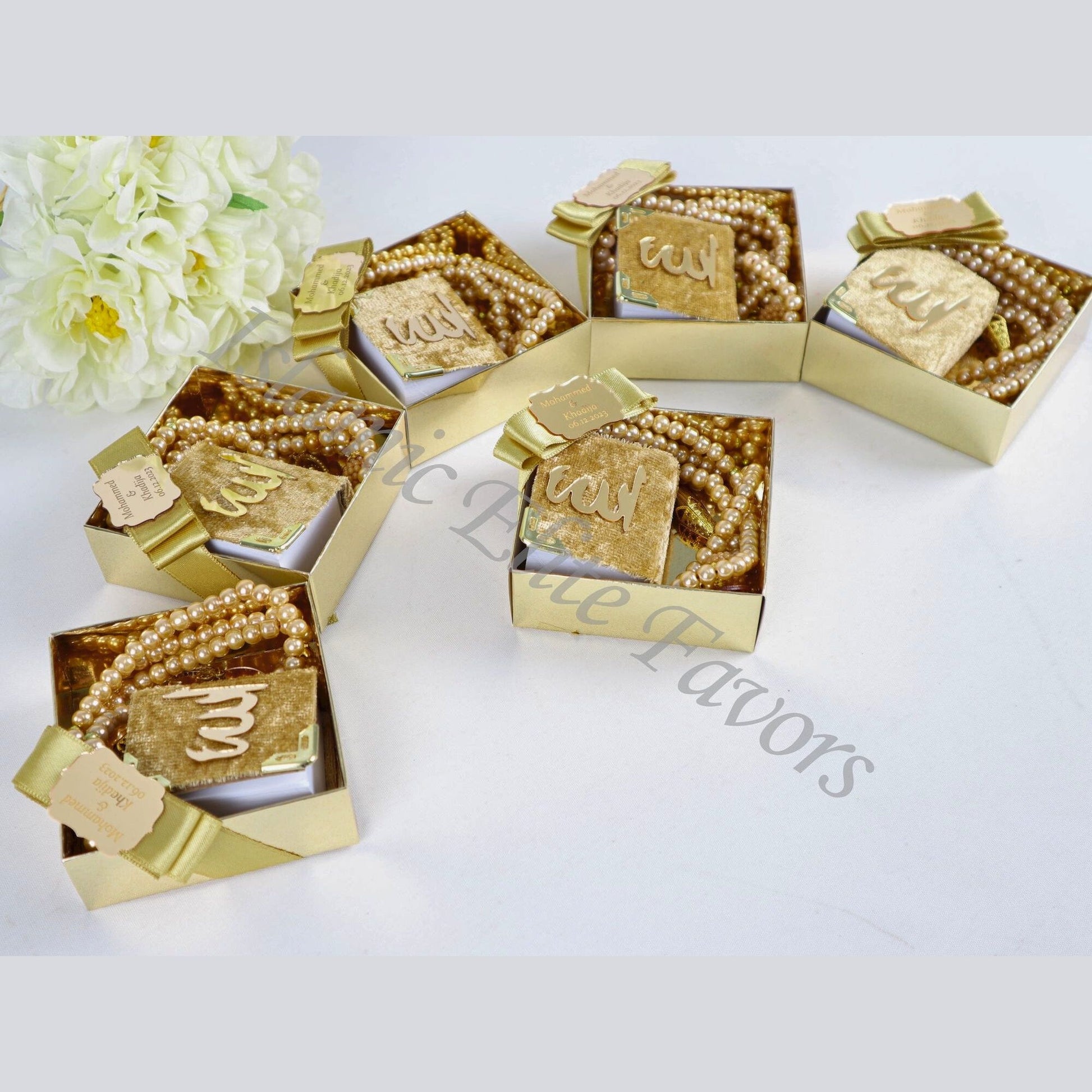 Personalized Mini Quran Pearl Prayer Bead Gold Tag Décor Wedding Favor - Islamic Elite Favors is a handmade gift shop offering a wide variety of unique and personalized gifts for all occasions. Whether you're looking for the perfect Ramadan, Eid, Hajj, wedding gift or something special for a birthday, baby shower or anniversary, we have something for everyone. High quality, made with love.