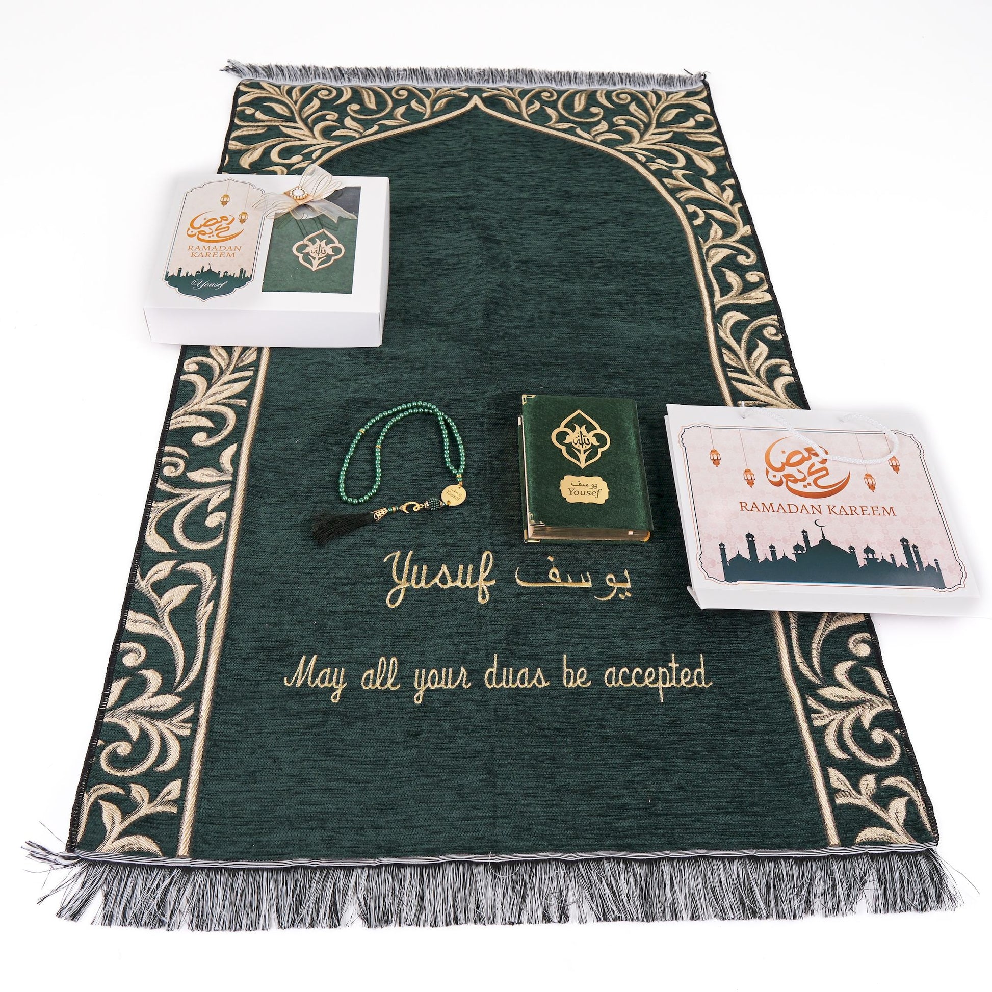 Personalized Flowery Prayer Mat Quran Tasbeeh Islamic Muslim Gift Set - Islamic Elite Favors is a handmade gift shop offering a wide variety of unique and personalized gifts for all occasions. Whether you're looking for the perfect Ramadan, Eid, Hajj, wedding gift or something special for a birthday, baby shower or anniversary, we have something for everyone. High quality, made with love.