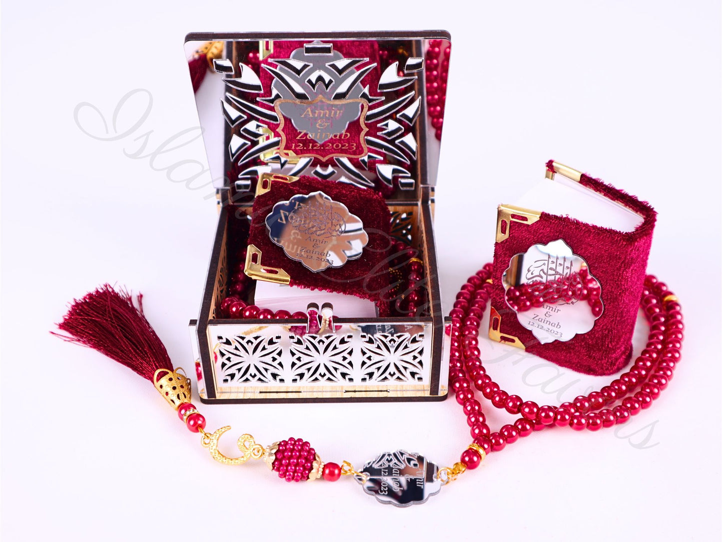 Personalized Mini Quran Prayer Bead Wooden Box with Silver Acrylic Set
