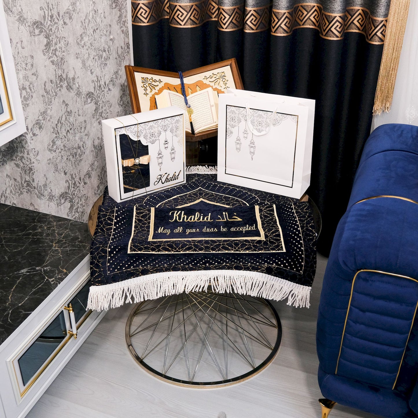 Personalized Velvet Thick Prayer Mat Quran Tasbeeh Islamic Gift Set