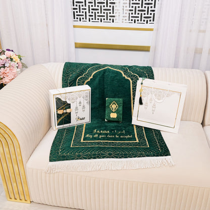 Personalized Velvet Thick Prayer Mat Quran Tasbeeh Islamic Gift Set
