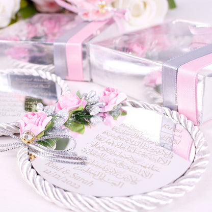 Personalized Wedding Favor Ayatul Kursi Magnet Silver Mirror Rope - Islamic Elite Favors is a handmade gift shop offering a wide variety of unique and personalized gifts for all occasions. Whether you're looking for the perfect Ramadan, Eid, Hajj, wedding gift or something special for a birthday, baby shower or anniversary, we have something for everyone. High quality, made with love.