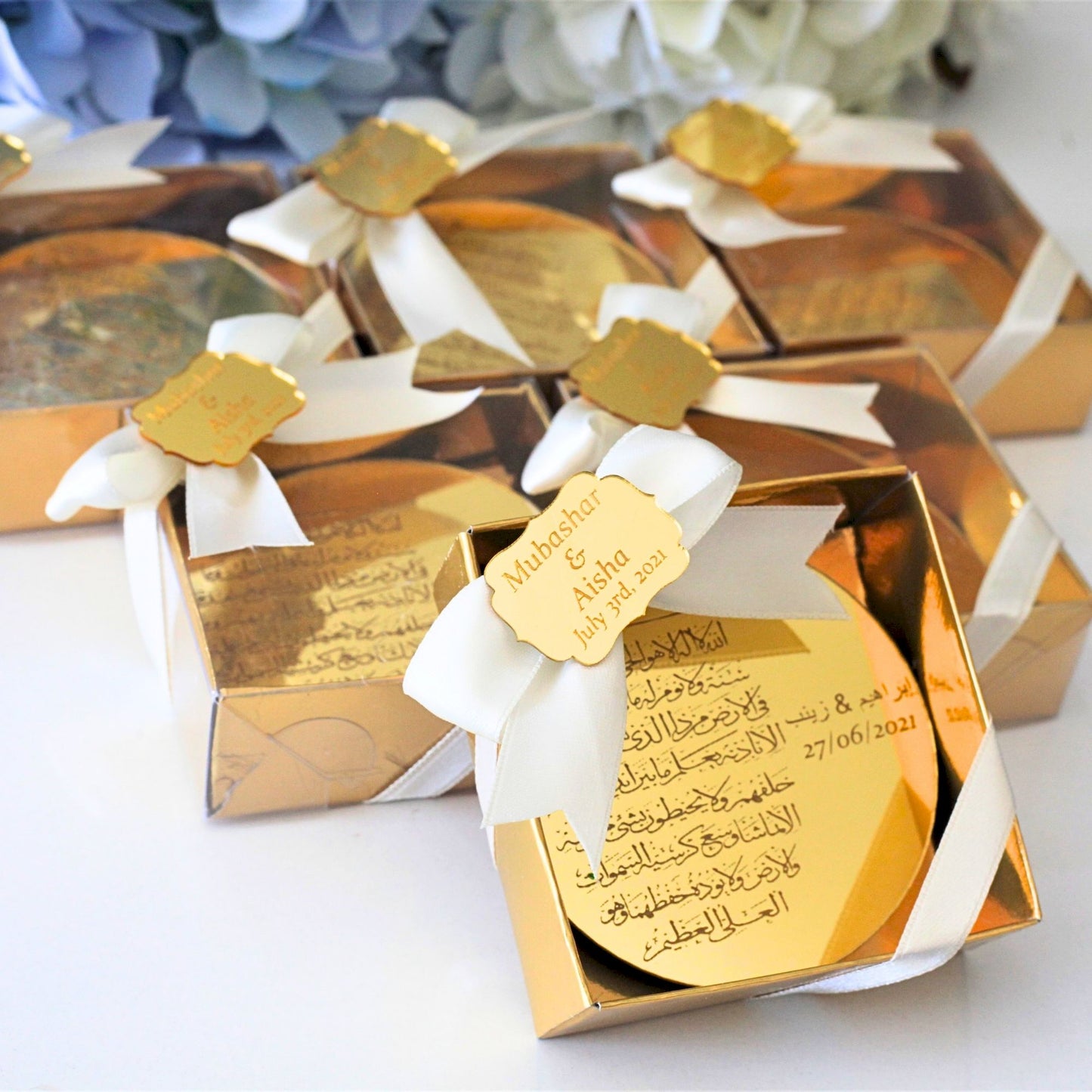 Personalized Wedding Favor Ayatul Kursi Magnet Gold Acrylic Bow Design - Islamic Elite Favors is a handmade gift shop offering a wide variety of unique and personalized gifts for all occasions. Whether you're looking for the perfect Ramadan, Eid, Hajj, wedding gift or something special for a birthday, baby shower or anniversary, we have something for everyone. High quality, made with love.