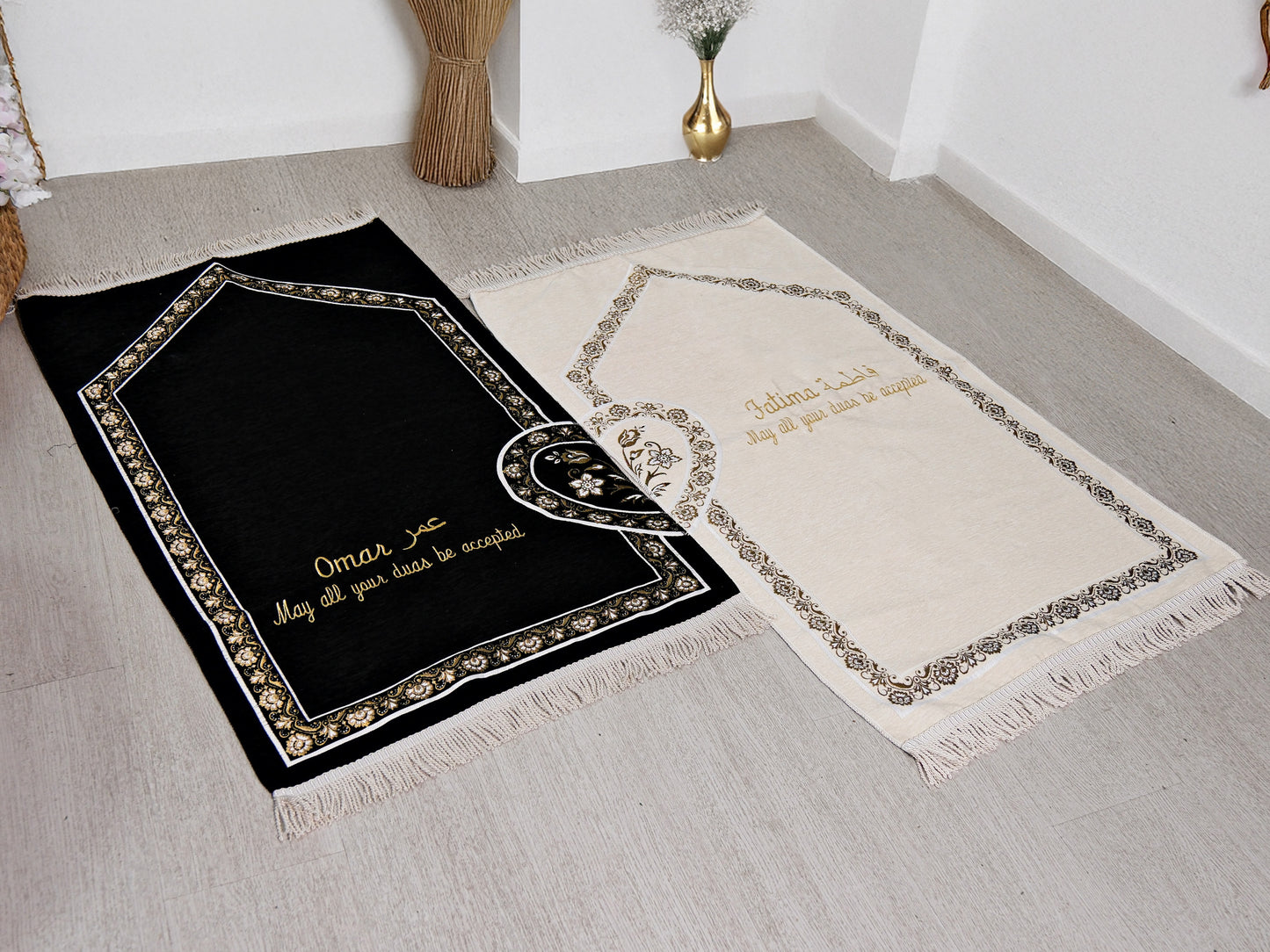 Personalized Couple Prayer Mat Set with Quran and Tasbeeh Islamic Gift
