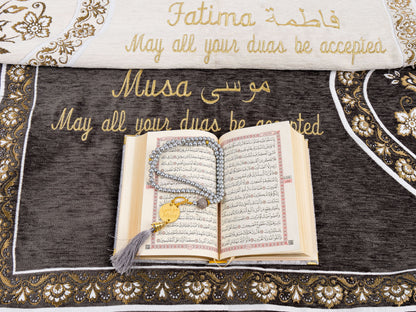 Personalized Couple Prayer Mat Set with Quran and Tasbeeh Islamic Gift